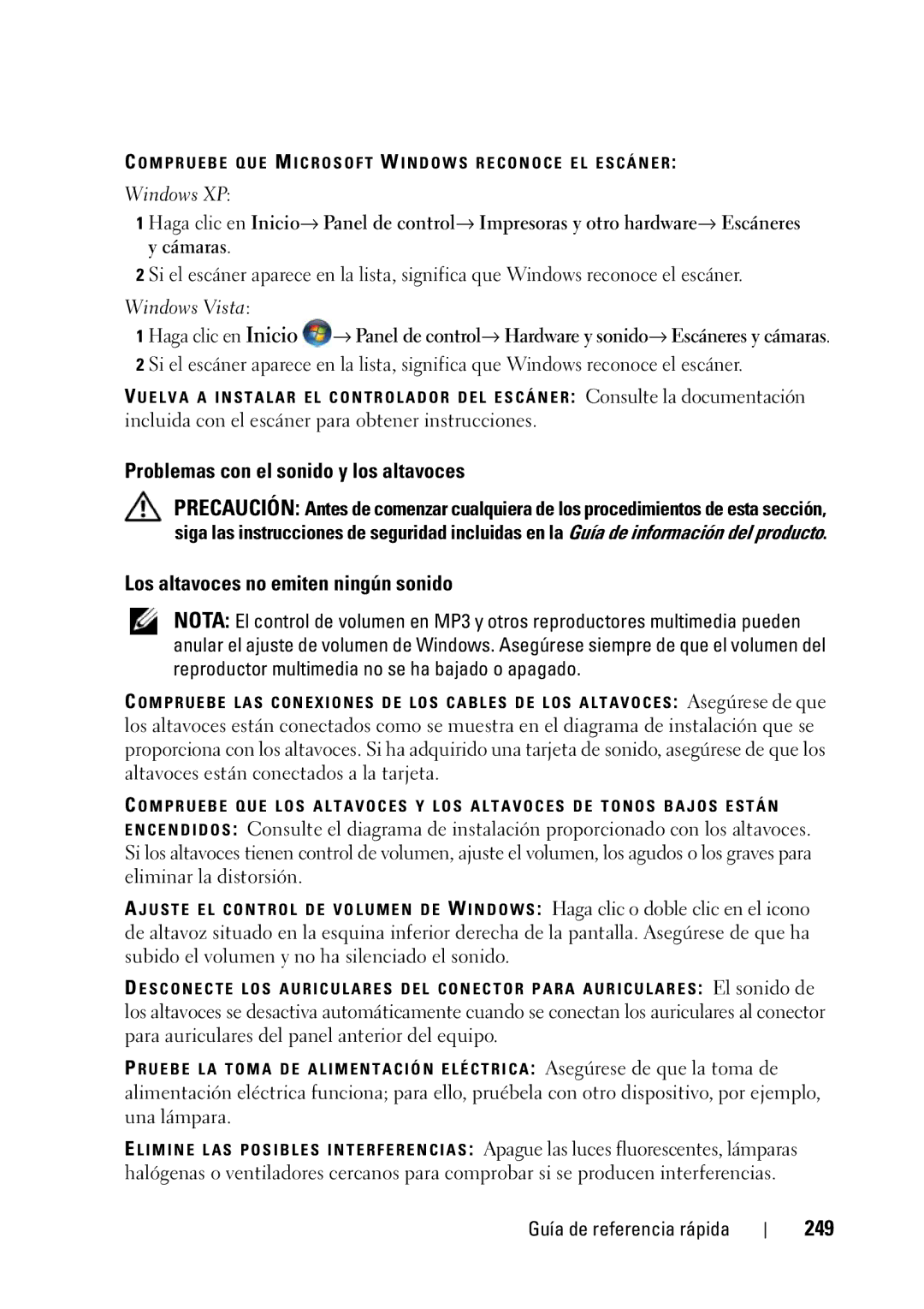 Dell T5400 manual Problemas con el sonido y los altavoces, Los altavoces no emiten ningún sonido, 249 