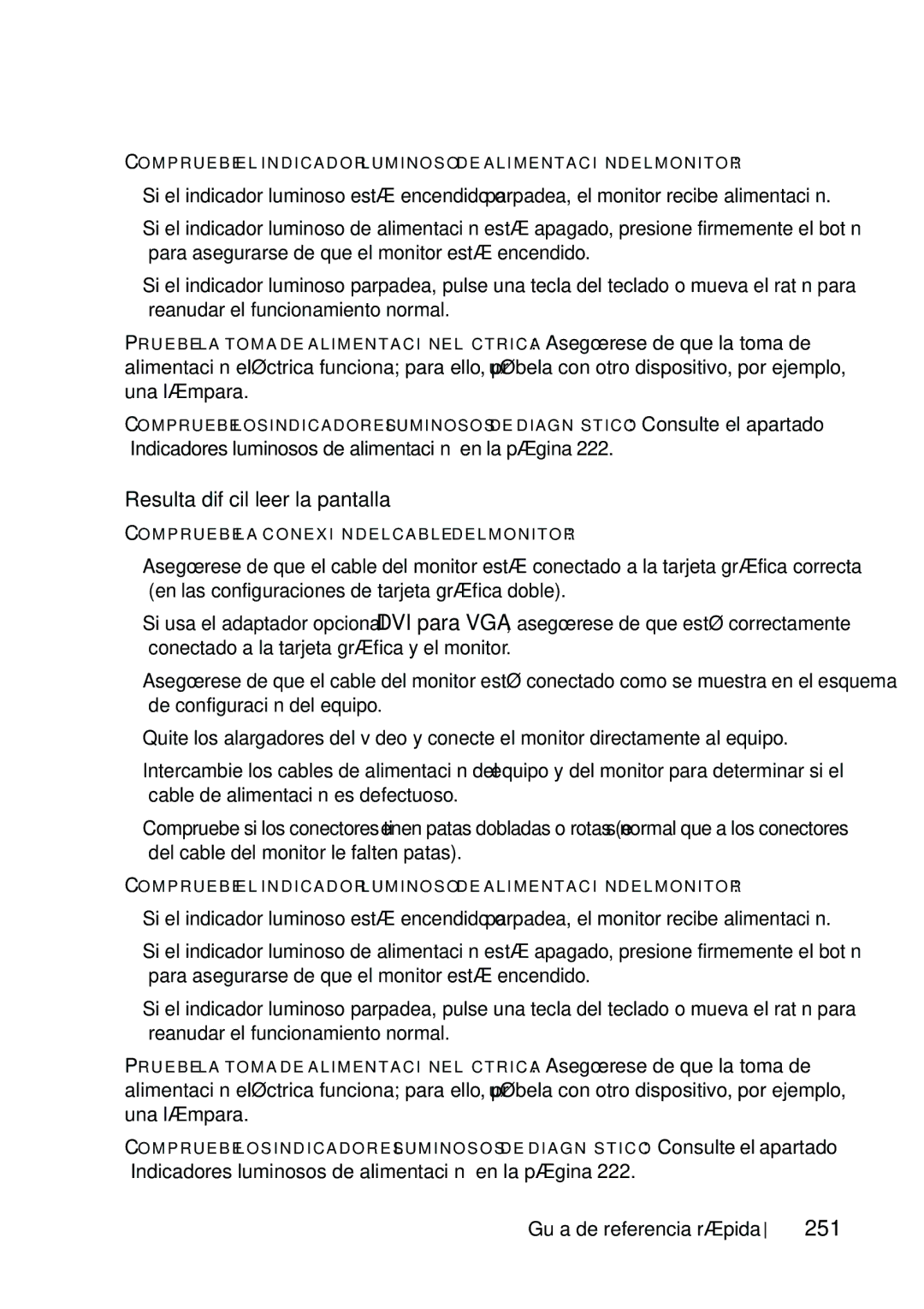 Dell T5400 manual Resulta difícil leer la pantalla, 251 