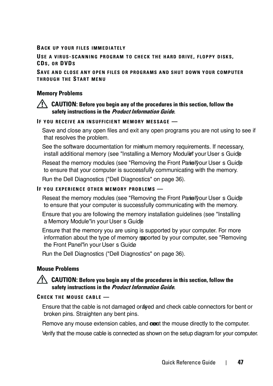 Dell T5400 manual Memory Problems, Mouse Problems 