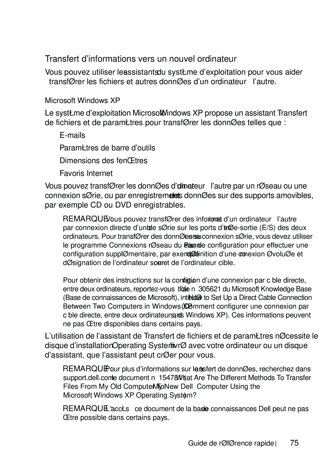 Dell T5400 manual Transfert dinformations vers un nouvel ordinateur, Microsoft Windows XP Operating System? 