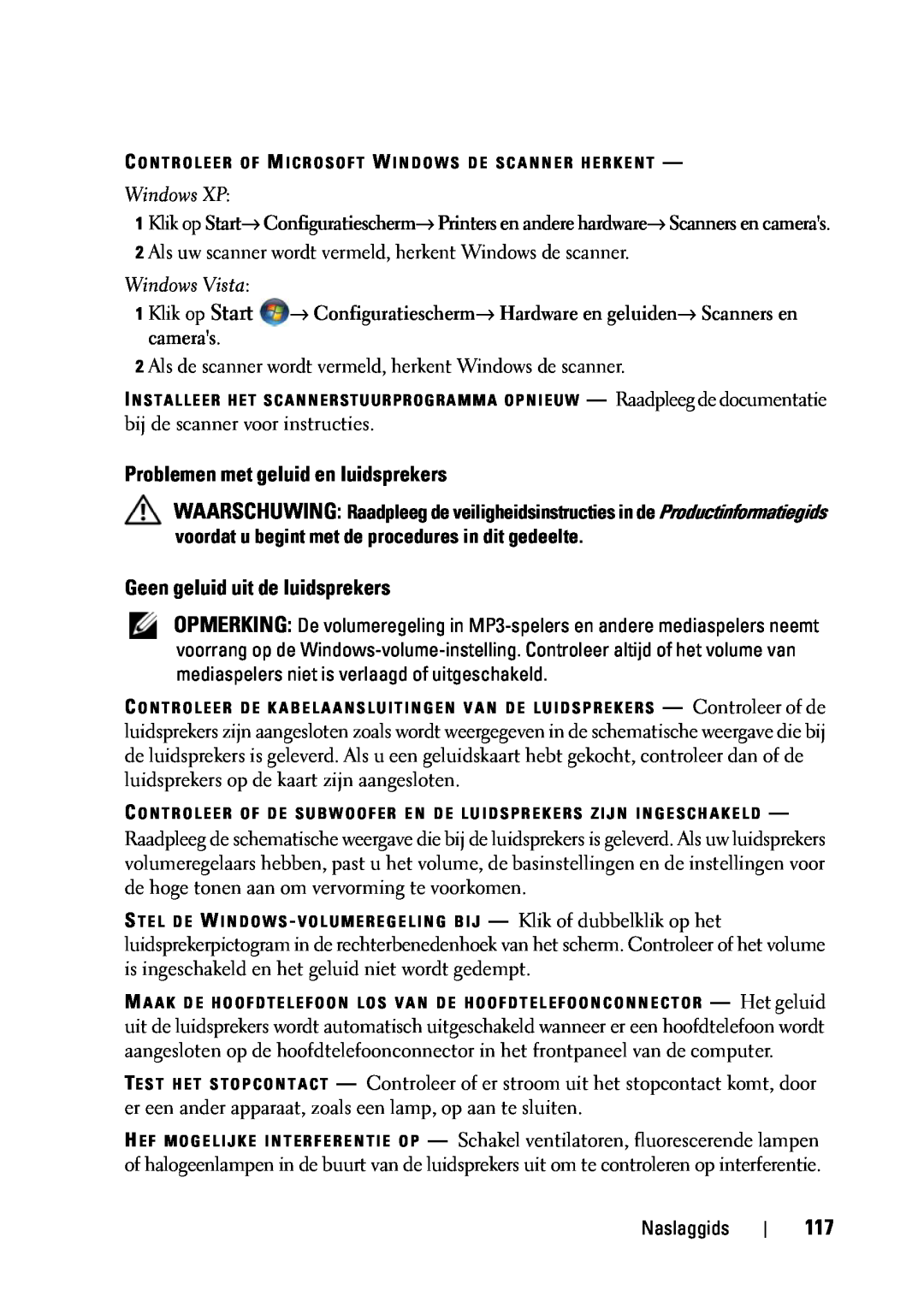 Dell T5400 Problemen met geluid en luidsprekers, Geen geluid uit de luidsprekers, Windows XP, Windows Vista, Naslaggids 