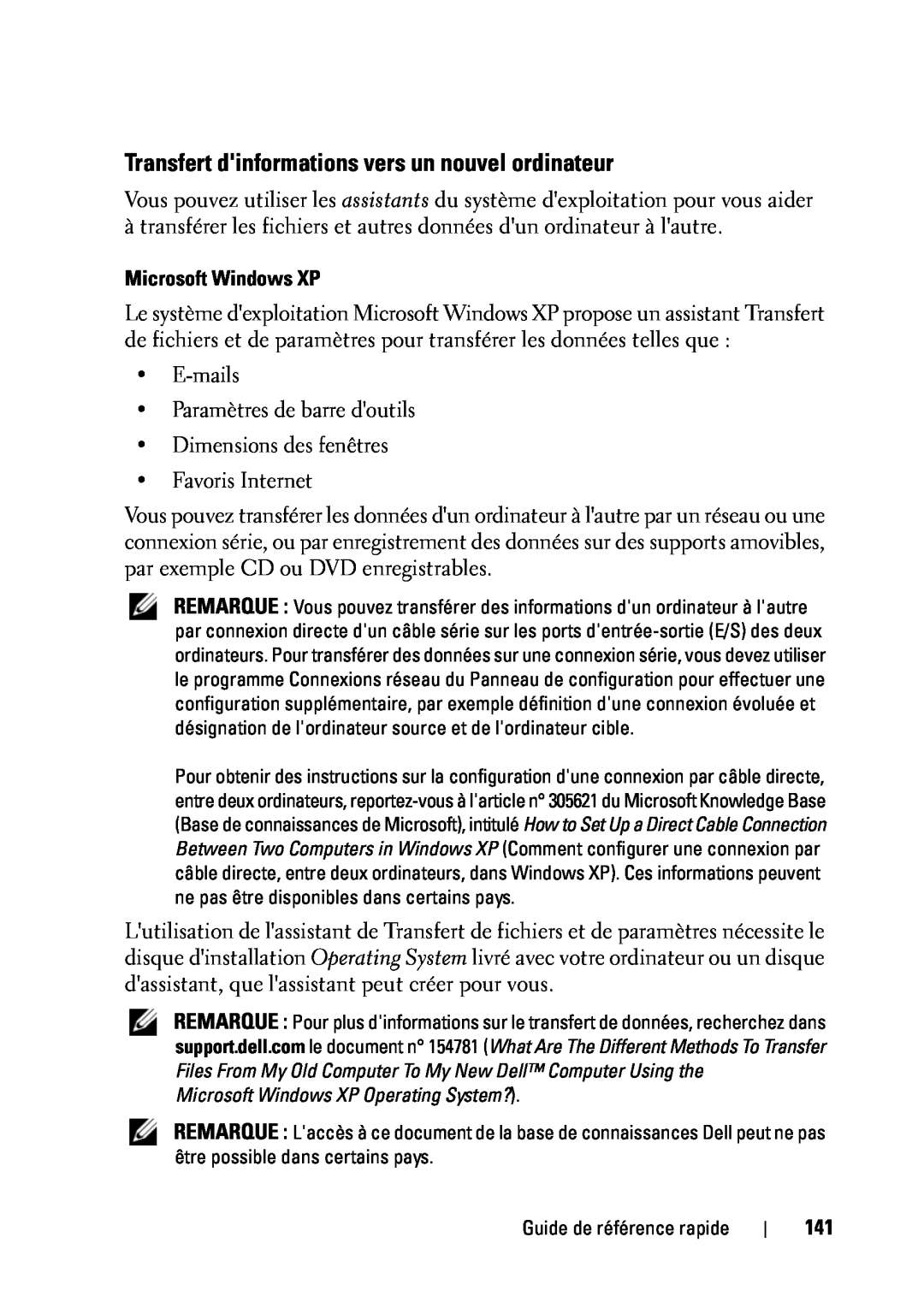 Dell T5400 manual Transfert dinformations vers un nouvel ordinateur, Microsoft Windows XP 