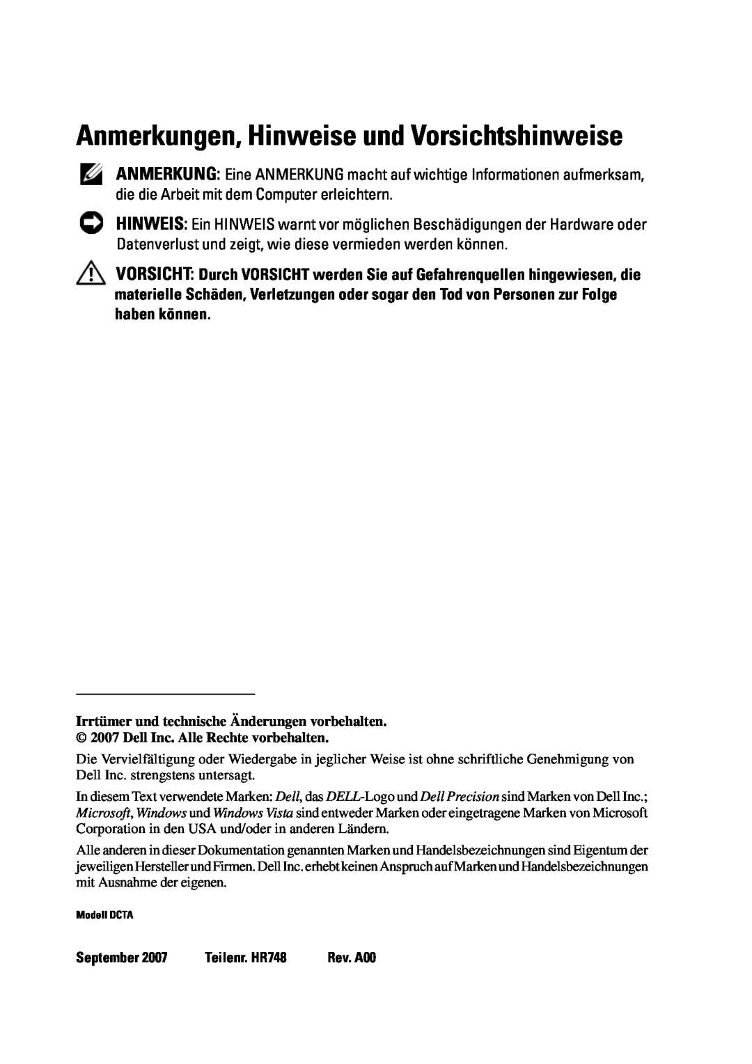 Dell T5400 manual Anmerkungen, Hinweise und Vorsichtshinweise, September, Teilenr. HR748 