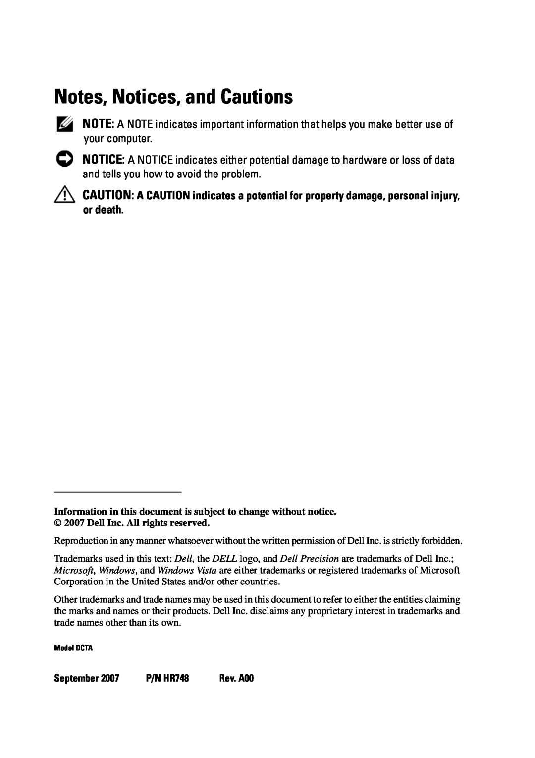 Dell T5400 manual Notes, Notices, and Cautions, September, P/N HR748 