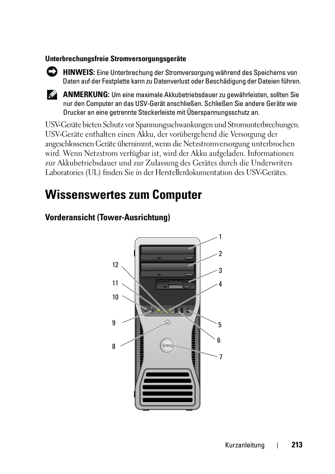 Dell T5400 manual Wissenswertes zum Computer, Vorderansicht Tower-Ausrichtung, Unterbrechungsfreie Stromversorgungsgeräte 