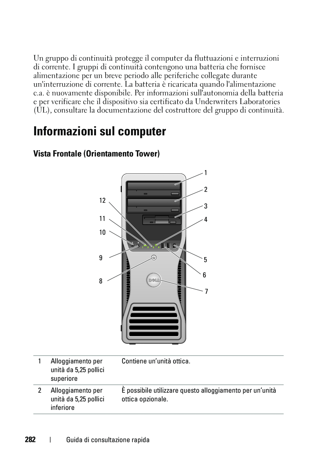Dell T5400 manual Informazioni sul computer, Vista Frontale Orientamento Tower 