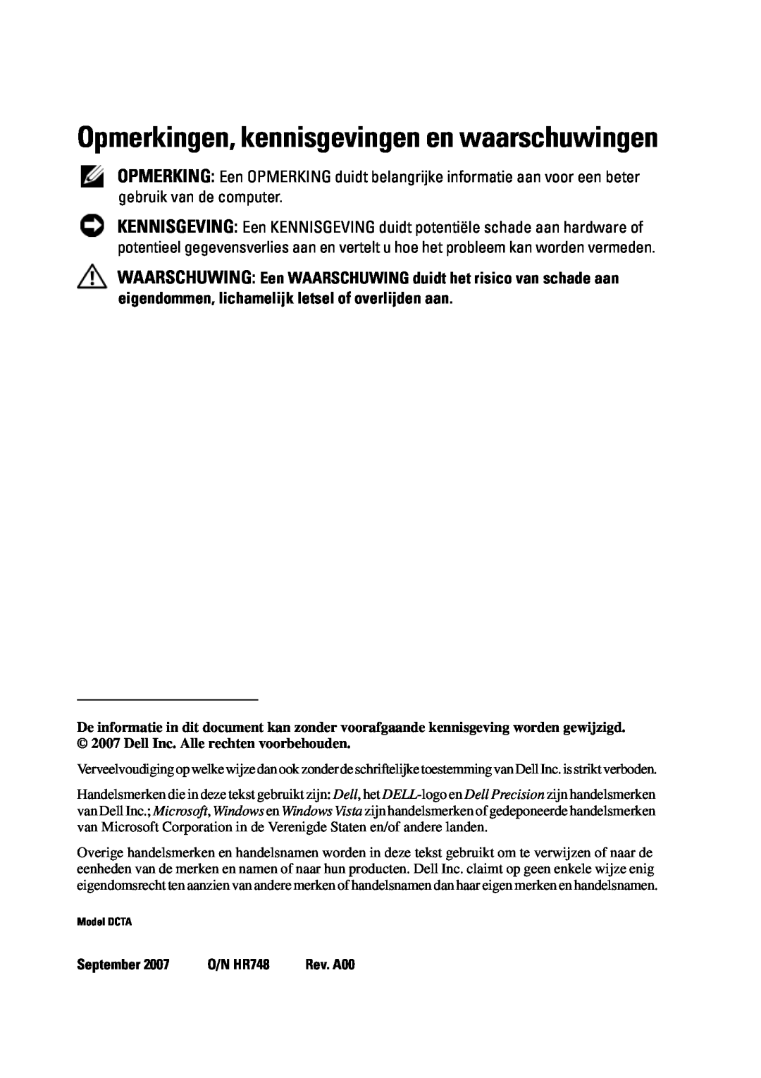 Dell T5400 manual Opmerkingen, kennisgevingen en waarschuwingen, September, O/N HR748 