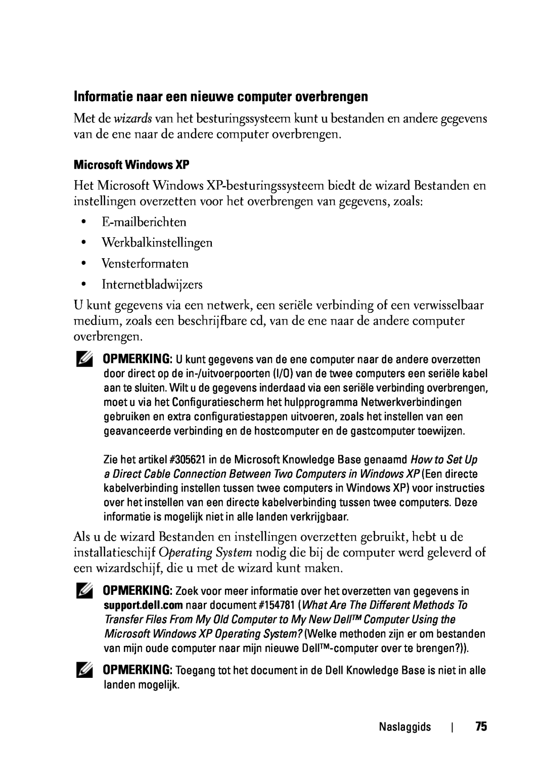 Dell T5400 manual Informatie naar een nieuwe computer overbrengen, Microsoft Windows XP 