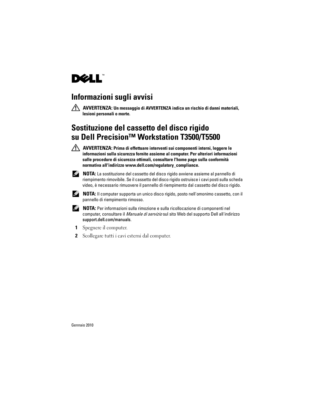 Dell T3500, T5500 manual Informazioni sugli avvisi 