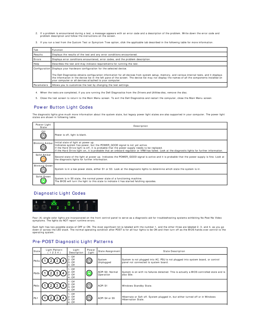 Dell T5500 specifications Power Button Light Codes, Diagnostic Light Codes, Pre-POST Diagnostic Light Patterns 