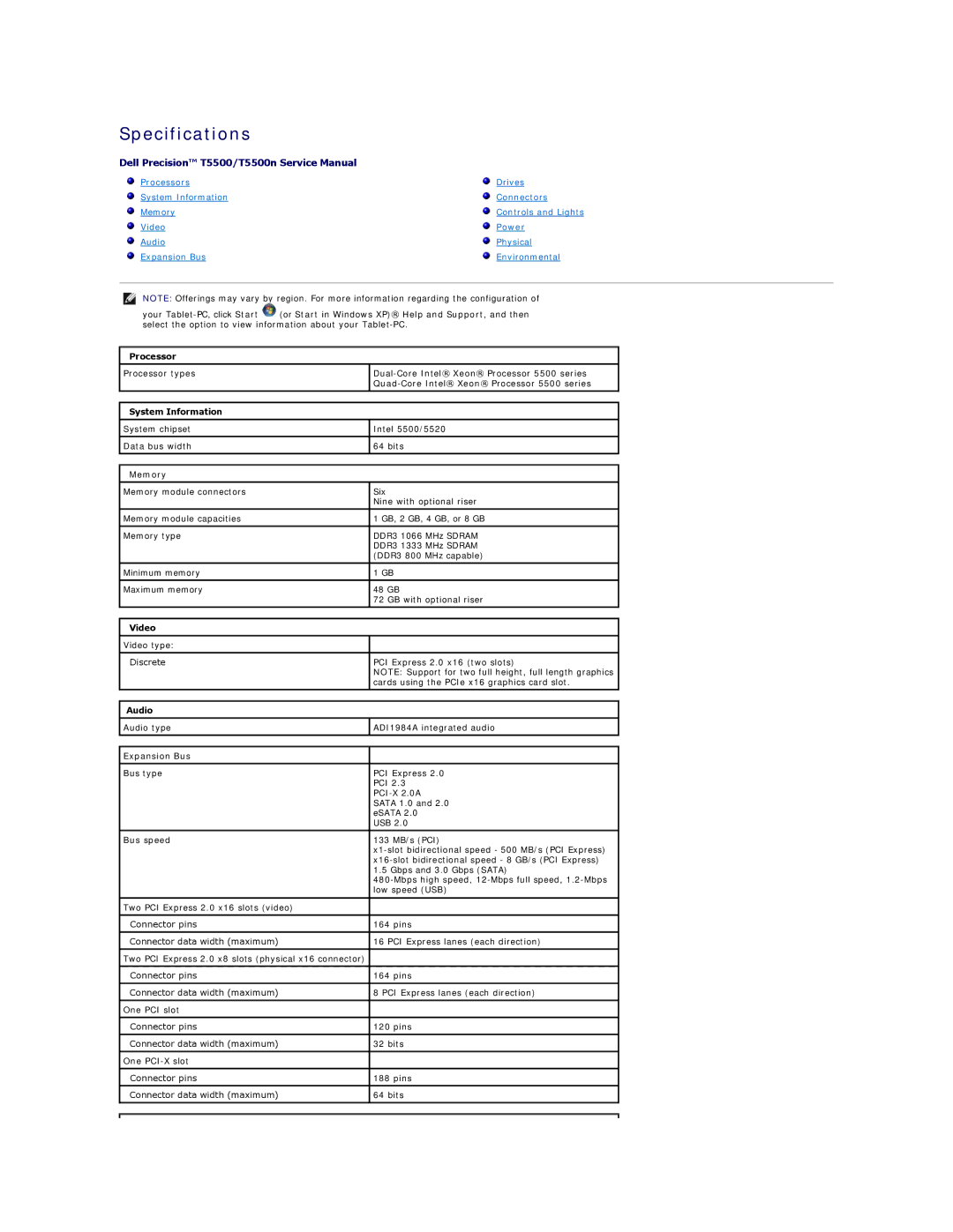 Dell T5500 specifications Processor, System Information, Memory, Video, Audio, Expansion Bus 