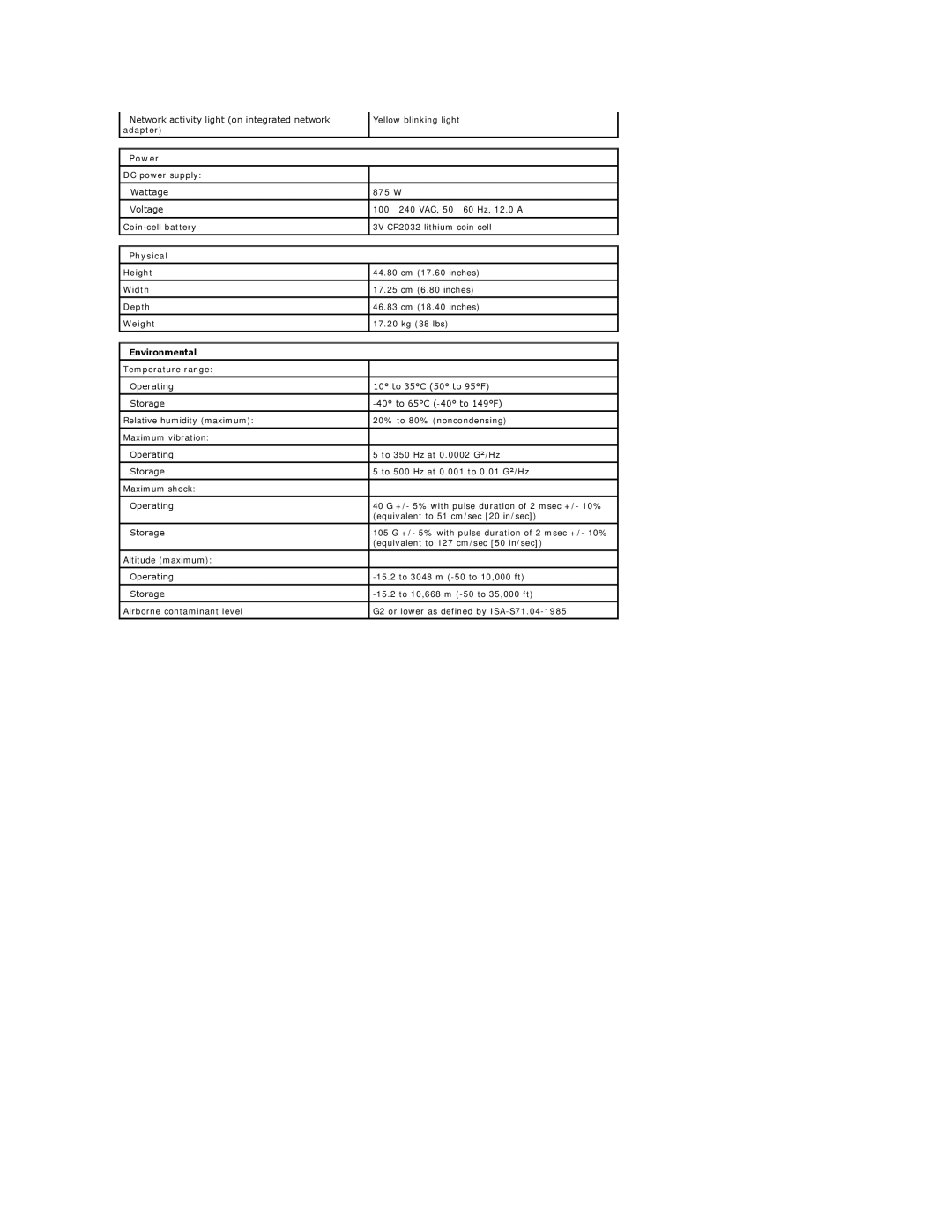 Dell T5500 specifications Physical, Environmental 