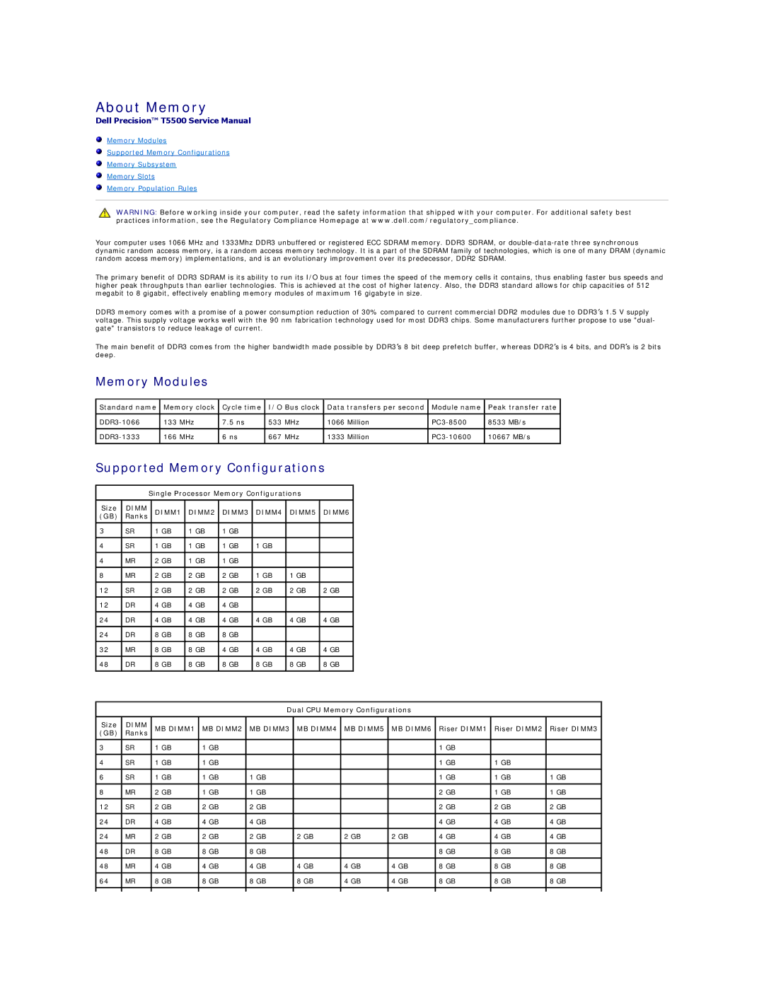 Dell T5500 specifications About Memory, Memory Modules, Supported Memory Configurations 