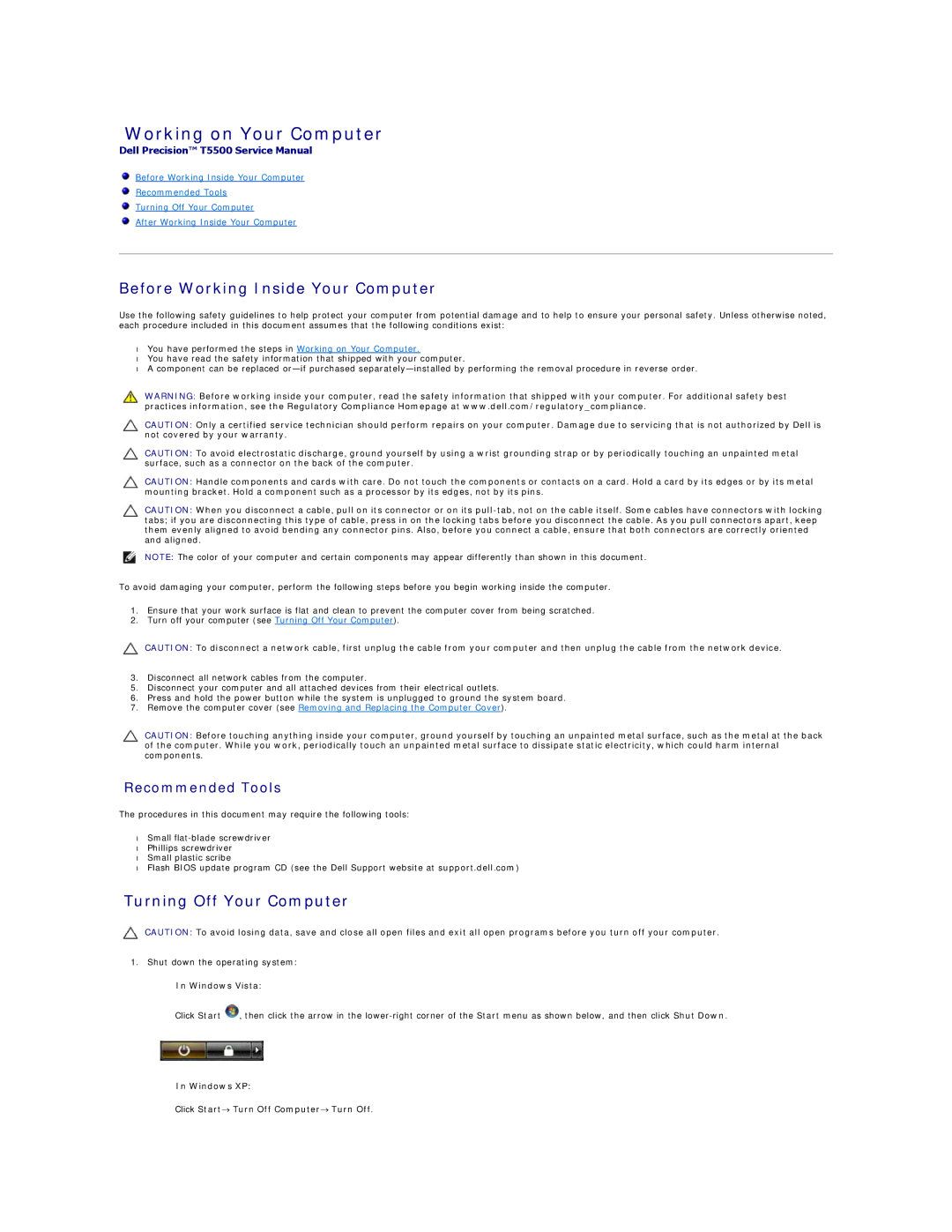 Dell T5500 Working on Your Computer, Before Working Inside Your Computer, Turning Off Your Computer, Windows Vista 