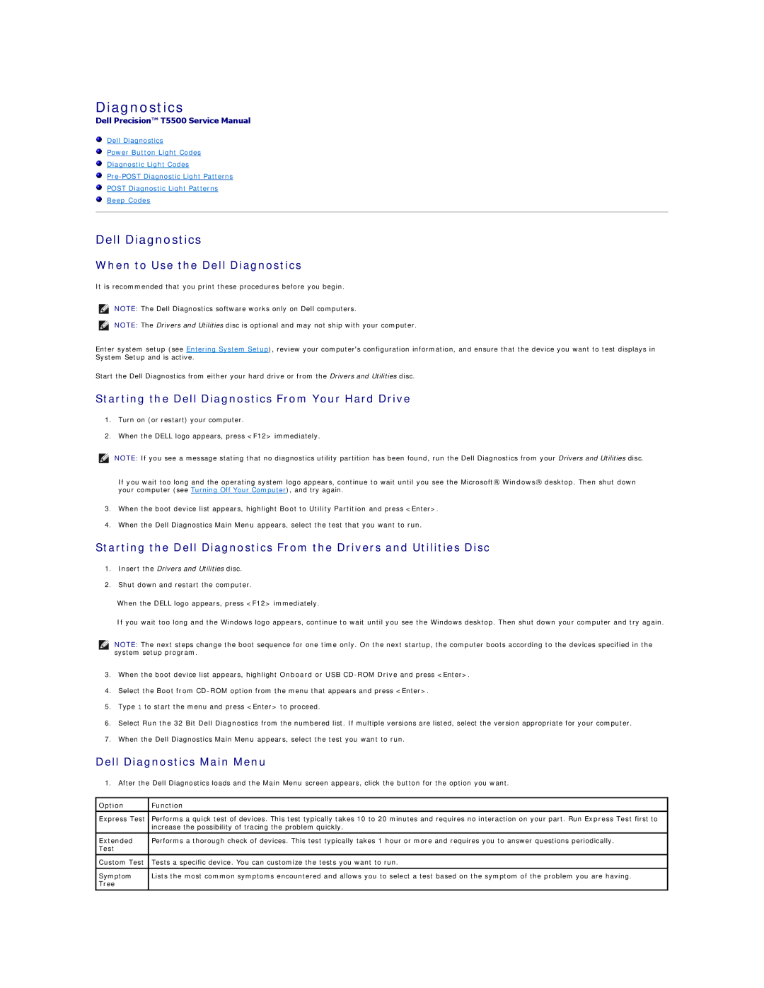 Dell T5500 specifications Dell Diagnostics, Option Function 