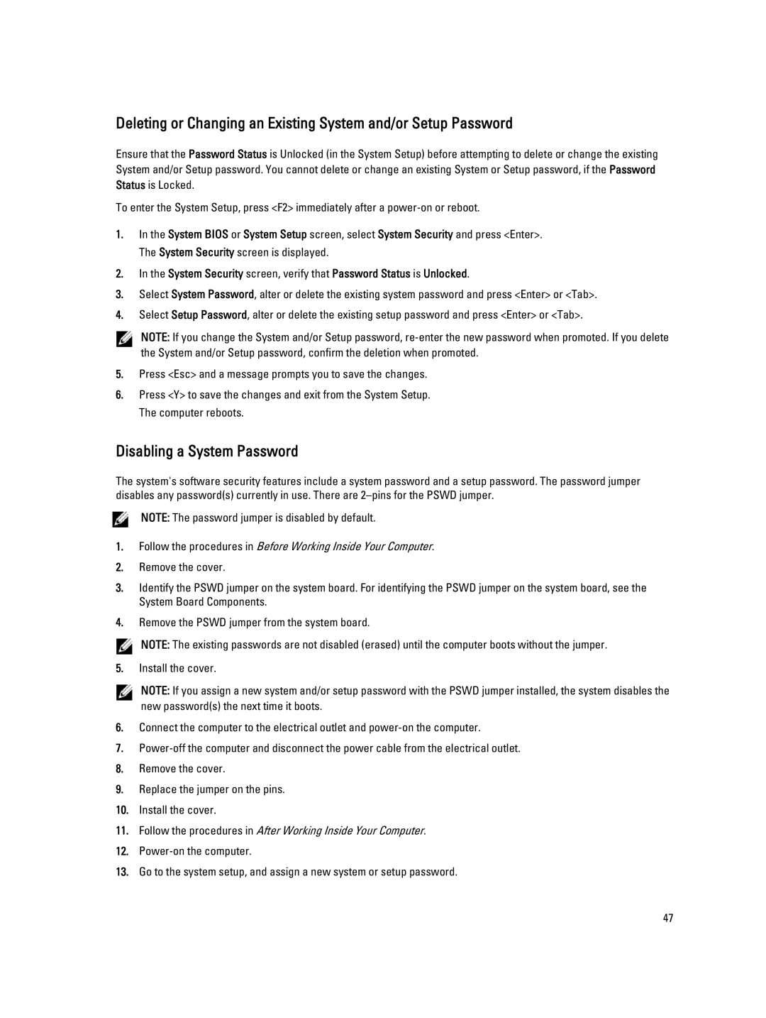 Dell T5600 owner manual Disabling a System Password 