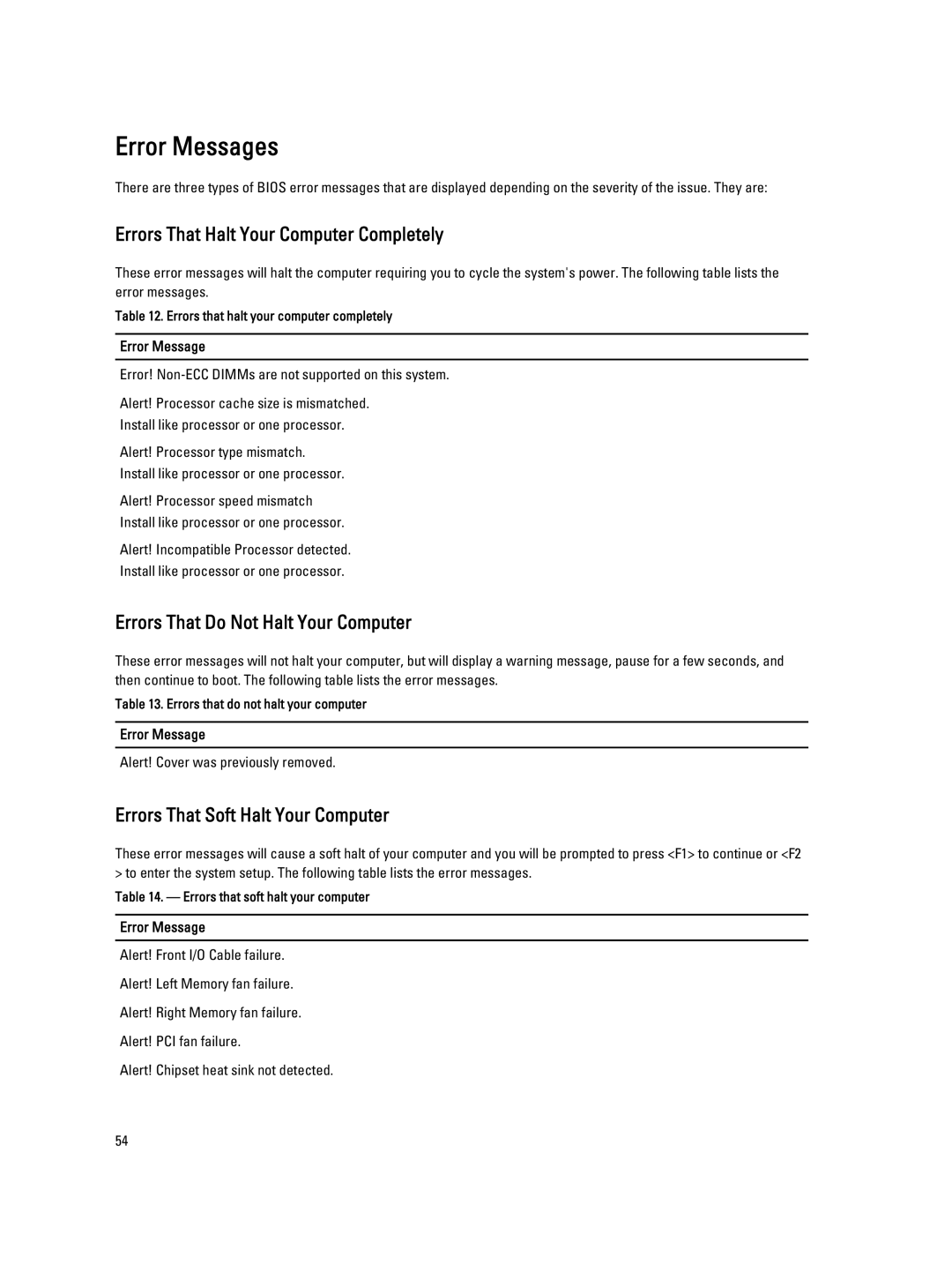 Dell T5600 owner manual Error Messages 