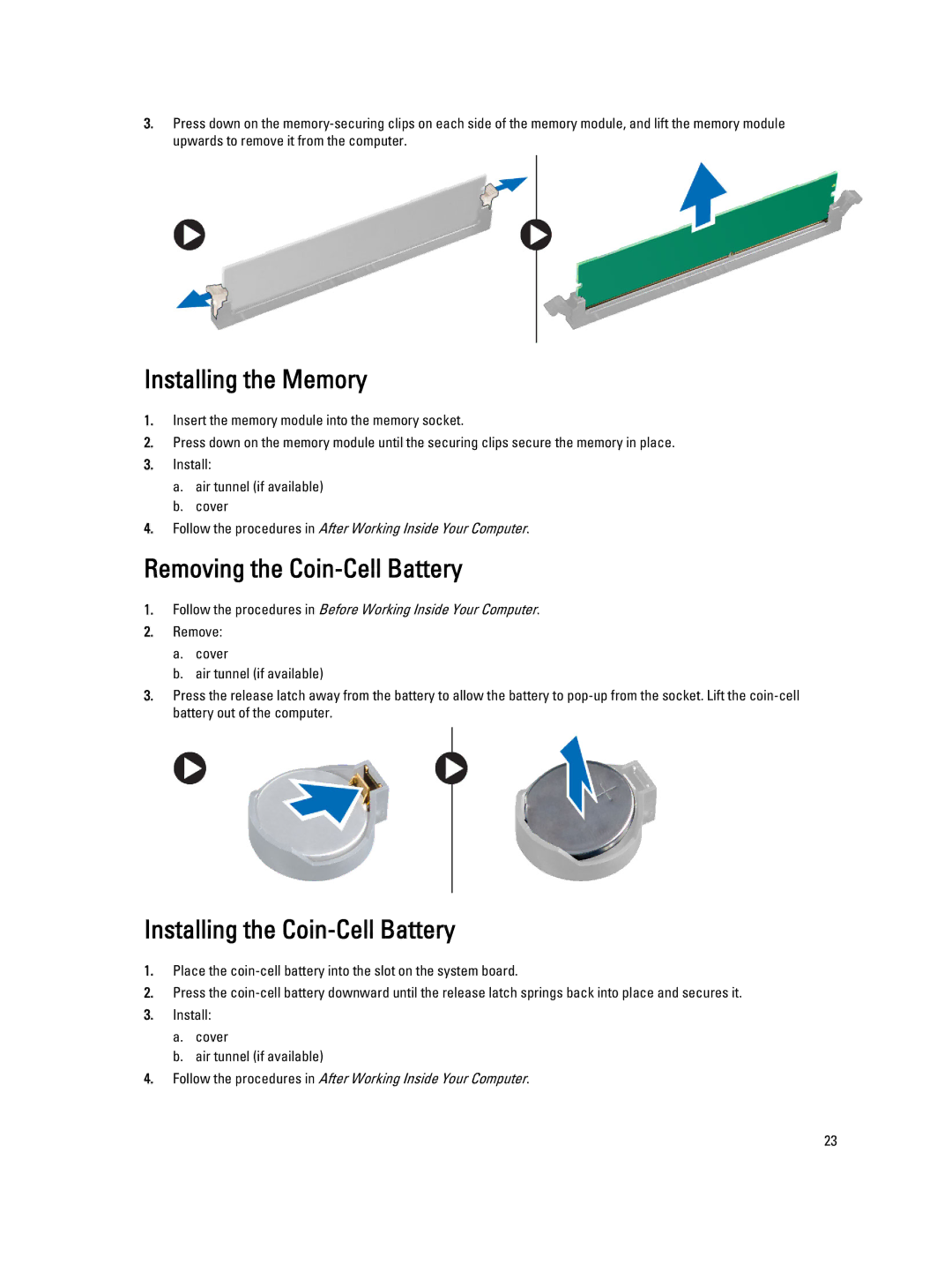 Dell T5610 owner manual Installing the Memory, Removing the Coin-Cell Battery, Installing the Coin-Cell Battery 