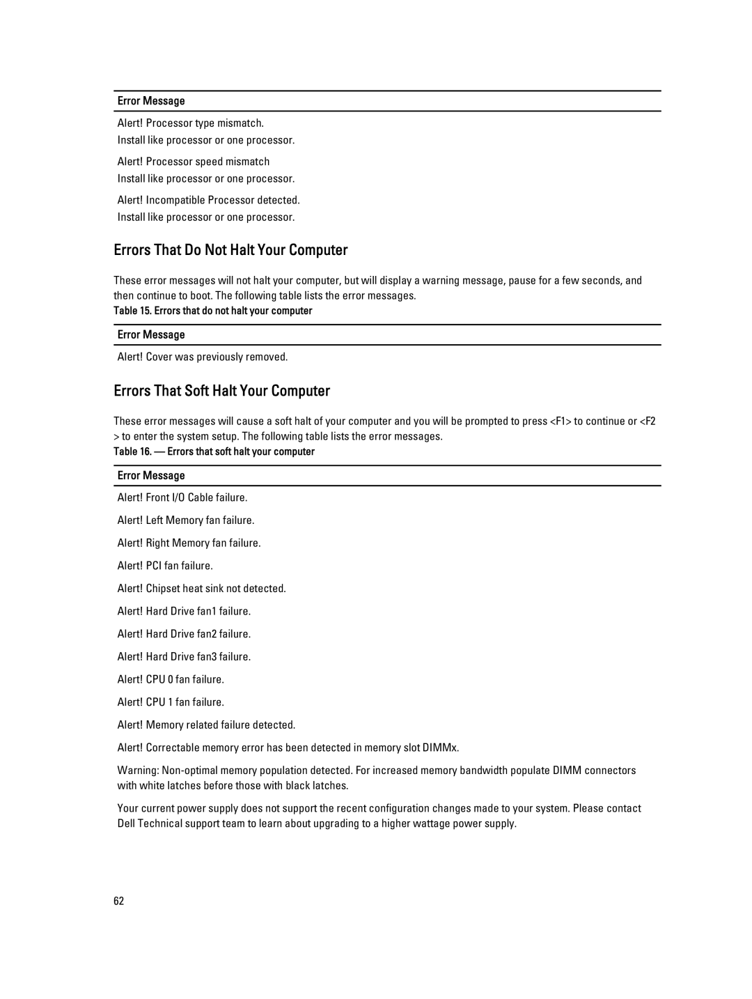 Dell T5610 owner manual Errors That Do Not Halt Your Computer 