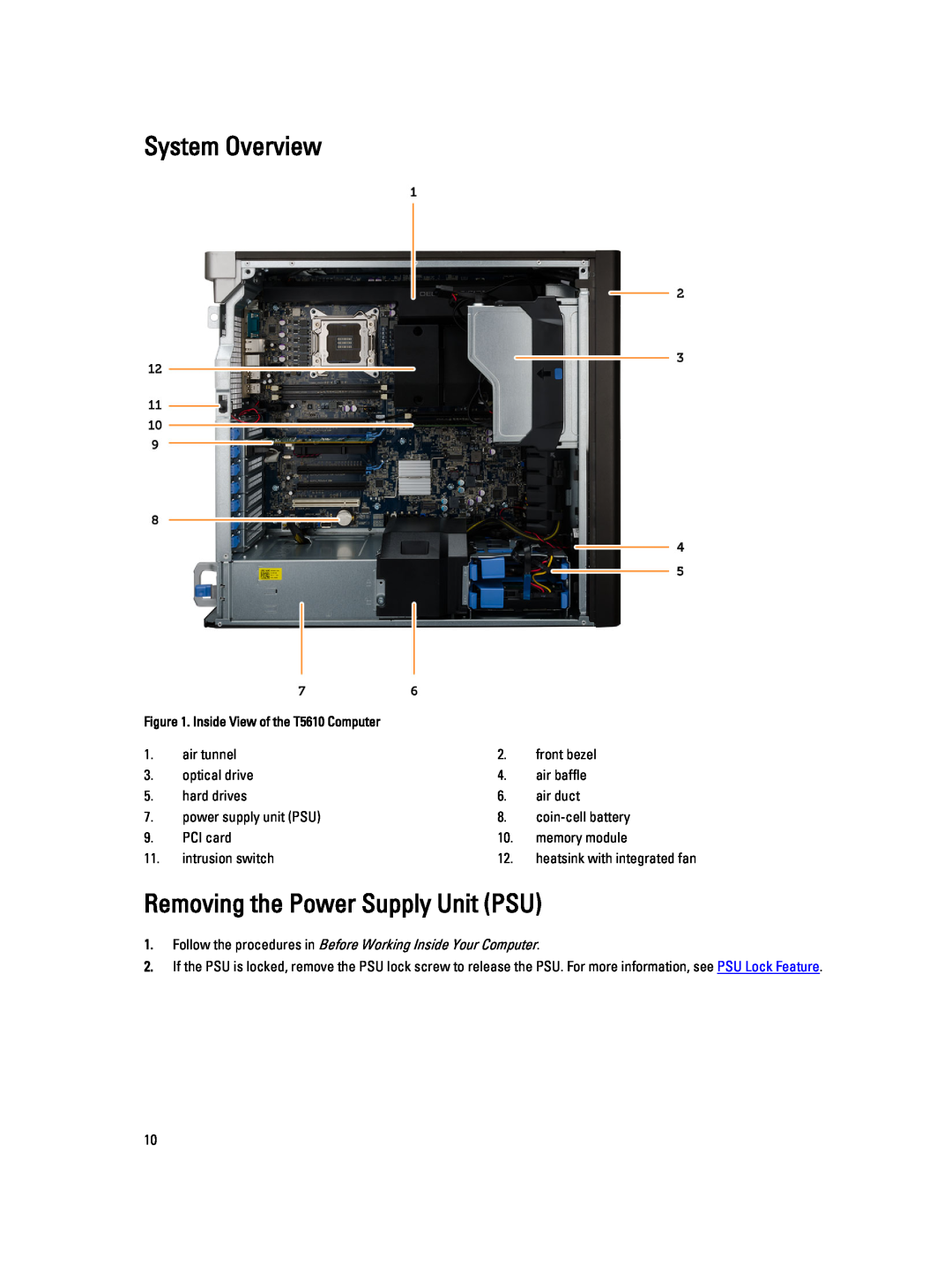 Dell T5610 owner manual System Overview, Removing the Power Supply Unit PSU 