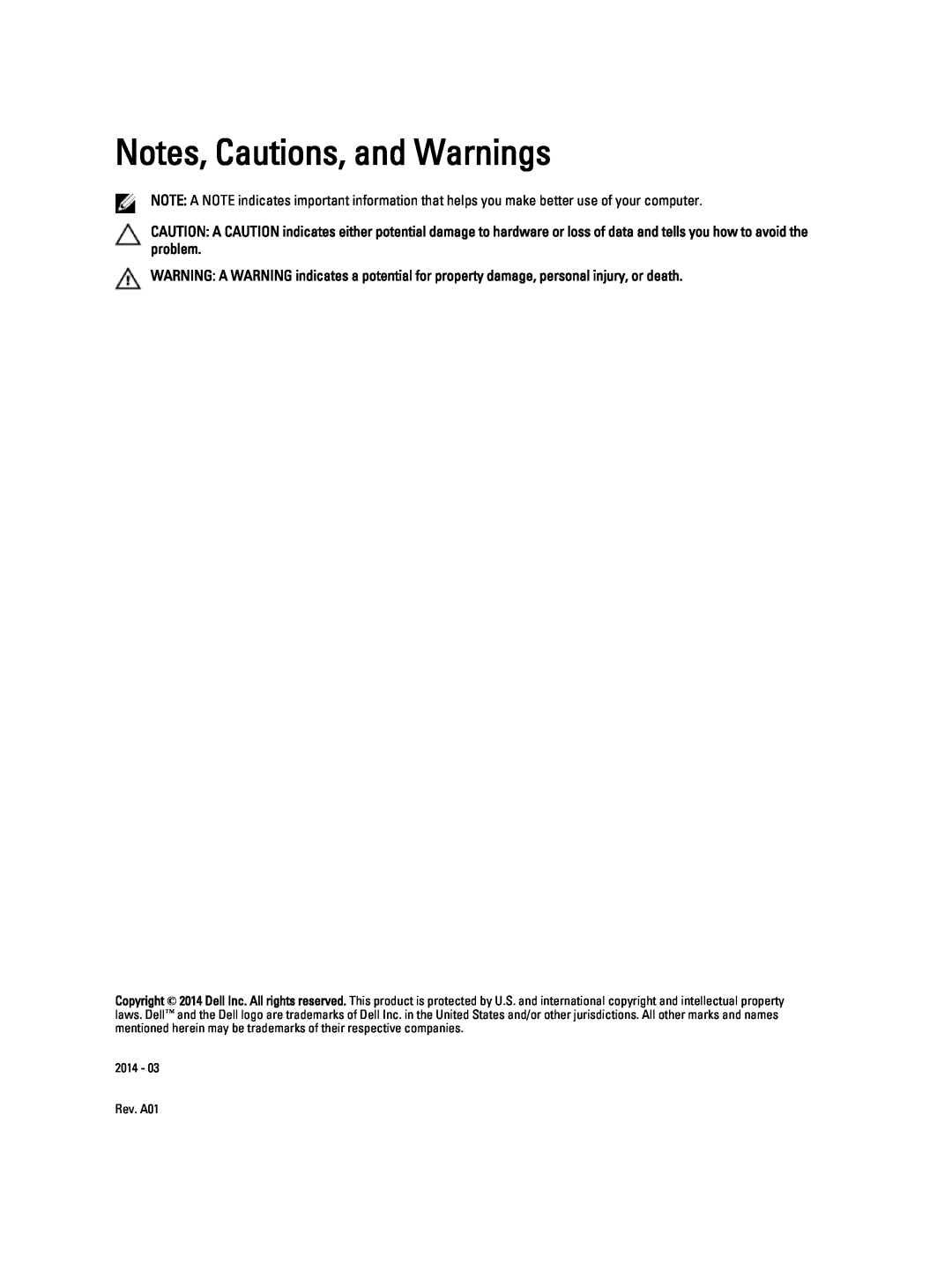 Dell T5610 owner manual Notes, Cautions, and Warnings 