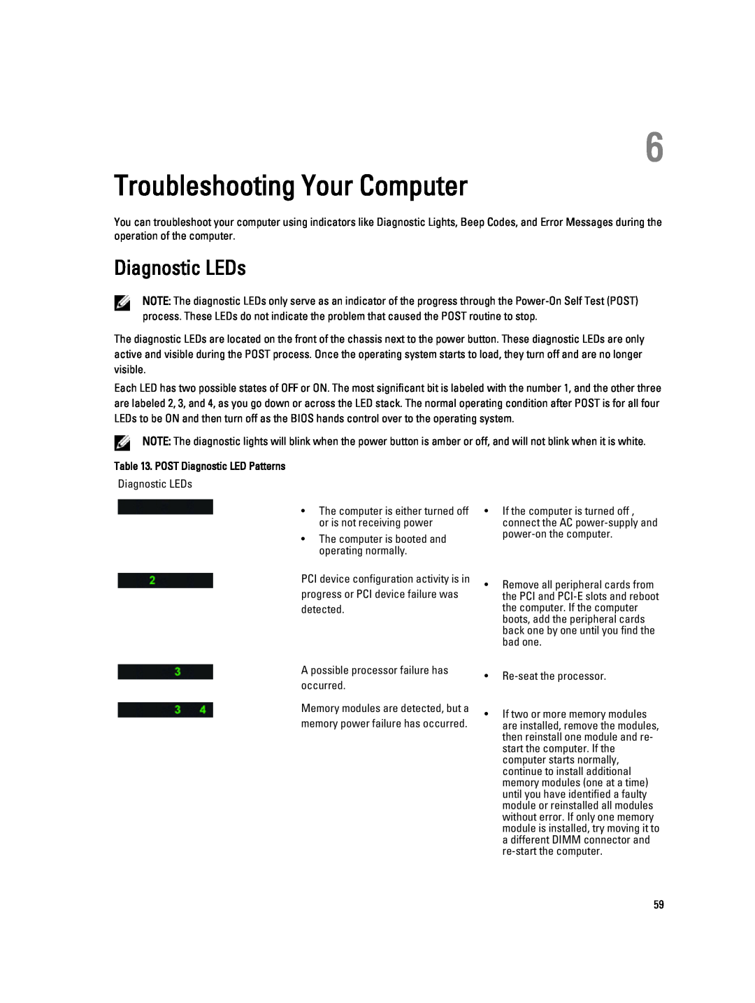 Dell T5610 owner manual Troubleshooting Your Computer, Diagnostic LEDs 