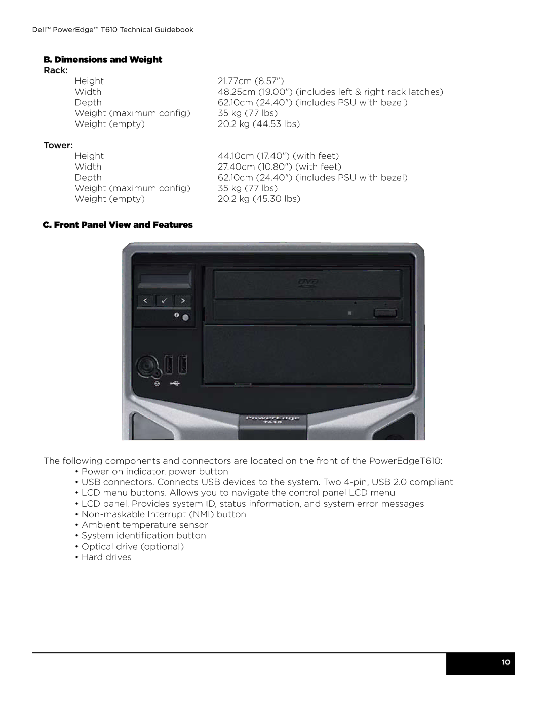 Dell T610 manual Dimensions and Weight, Front Panel View and Features 