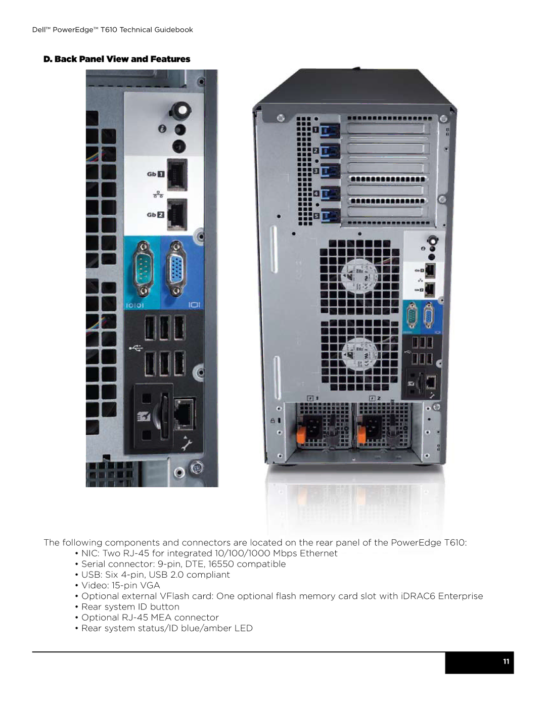 Dell T610 manual Back Panel View and Features 