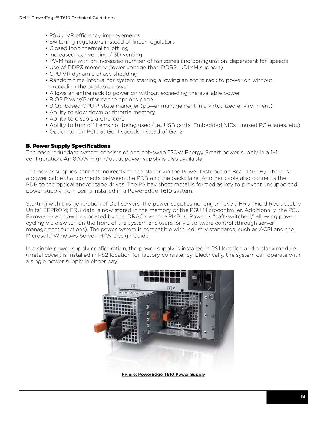 Dell manual Power Supply Specifications, Figure PowerEdge T610 Power Supply 