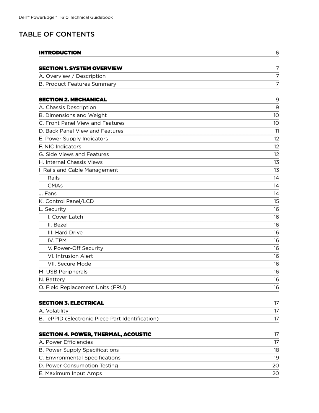 Dell T610 manual Table of Contents 