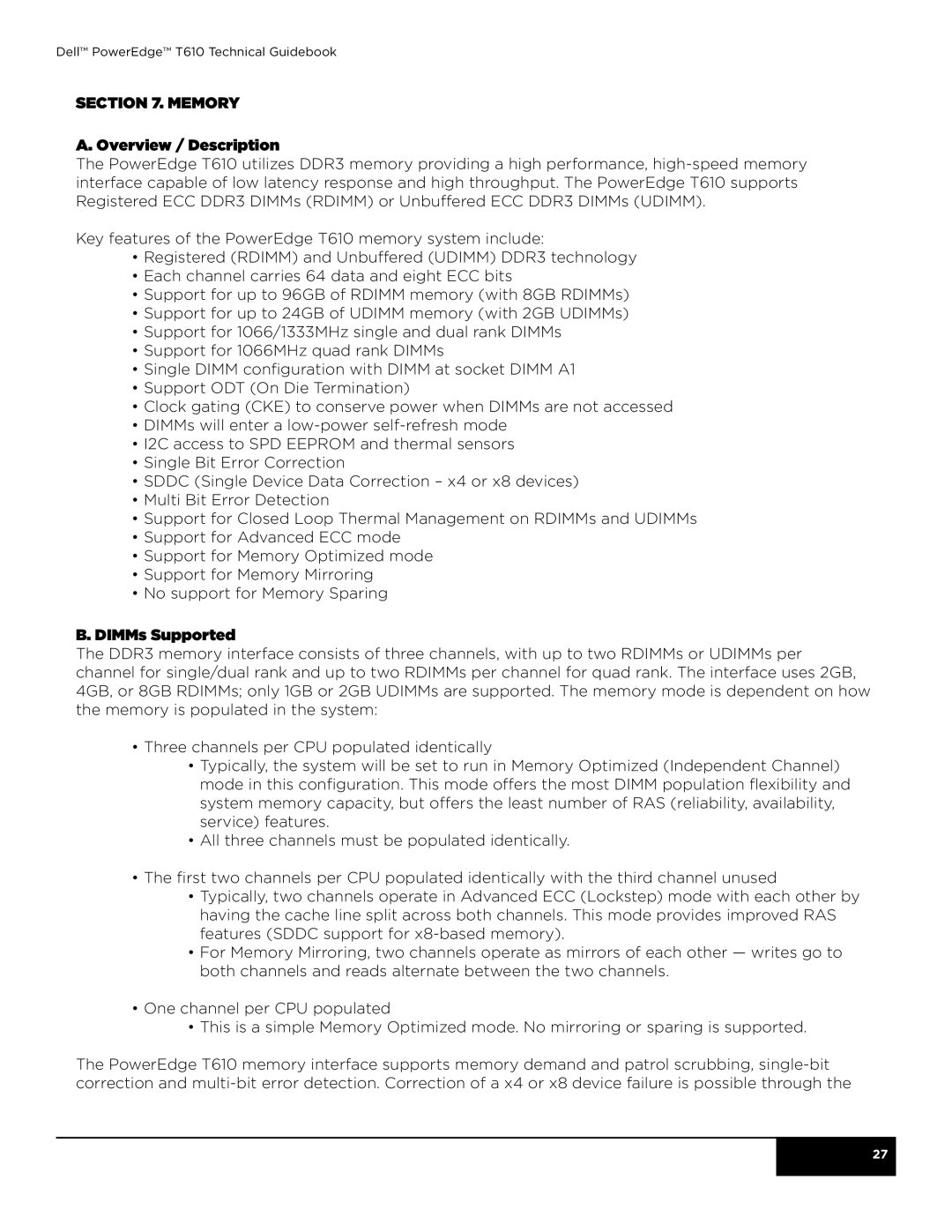 Dell T610 manual Memory Overview / Description, DIMMs Supported 