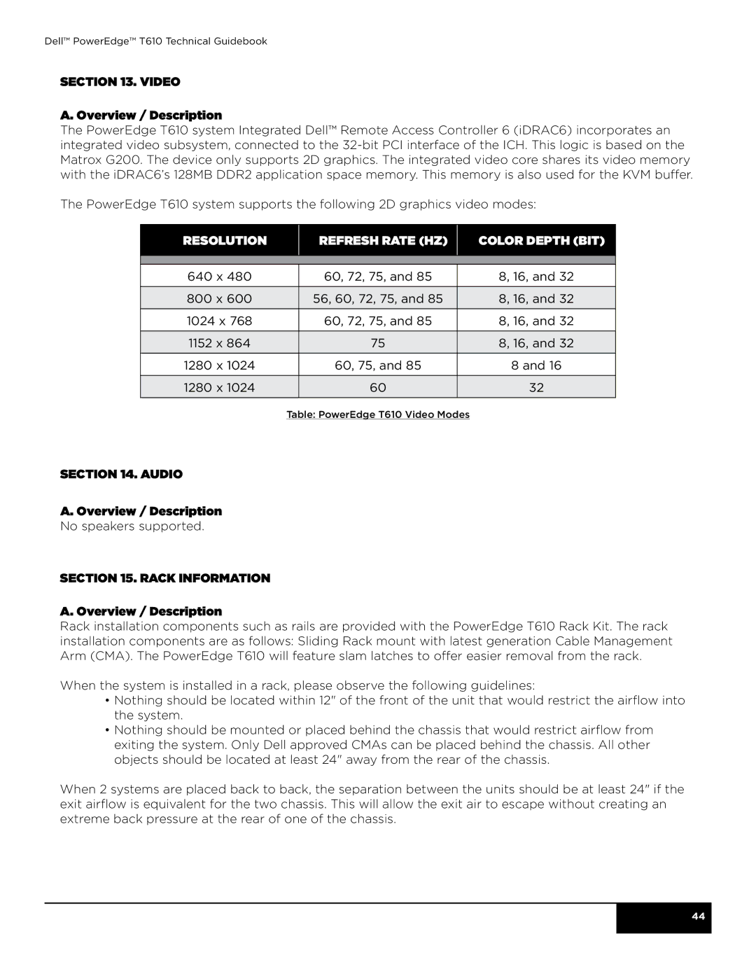 Dell T610 manual Video Overview / Description, Resolution Refresh rate Hz Color Depth bit, Audio Overview / Description 