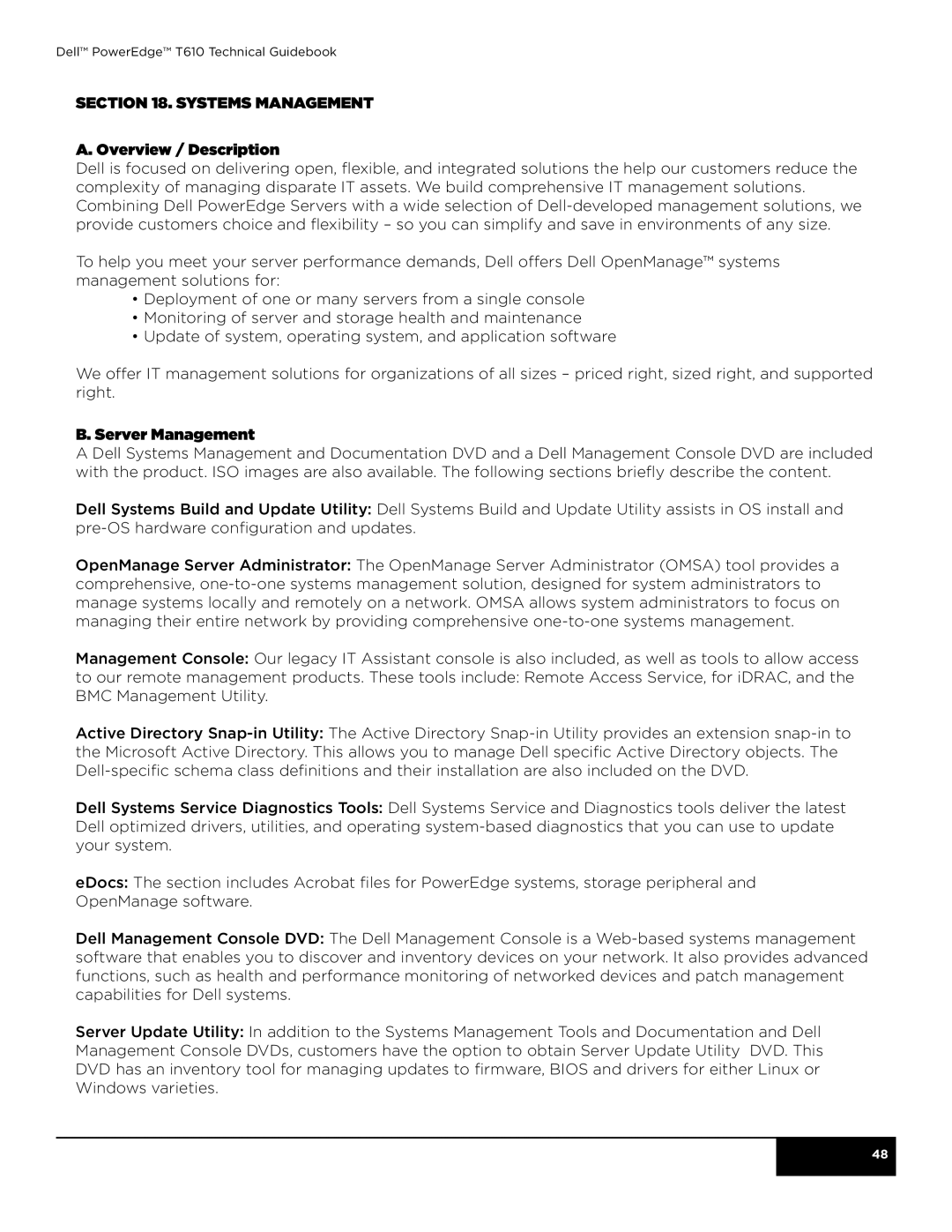 Dell T610 manual Systems Management Overview / Description, Server Management 