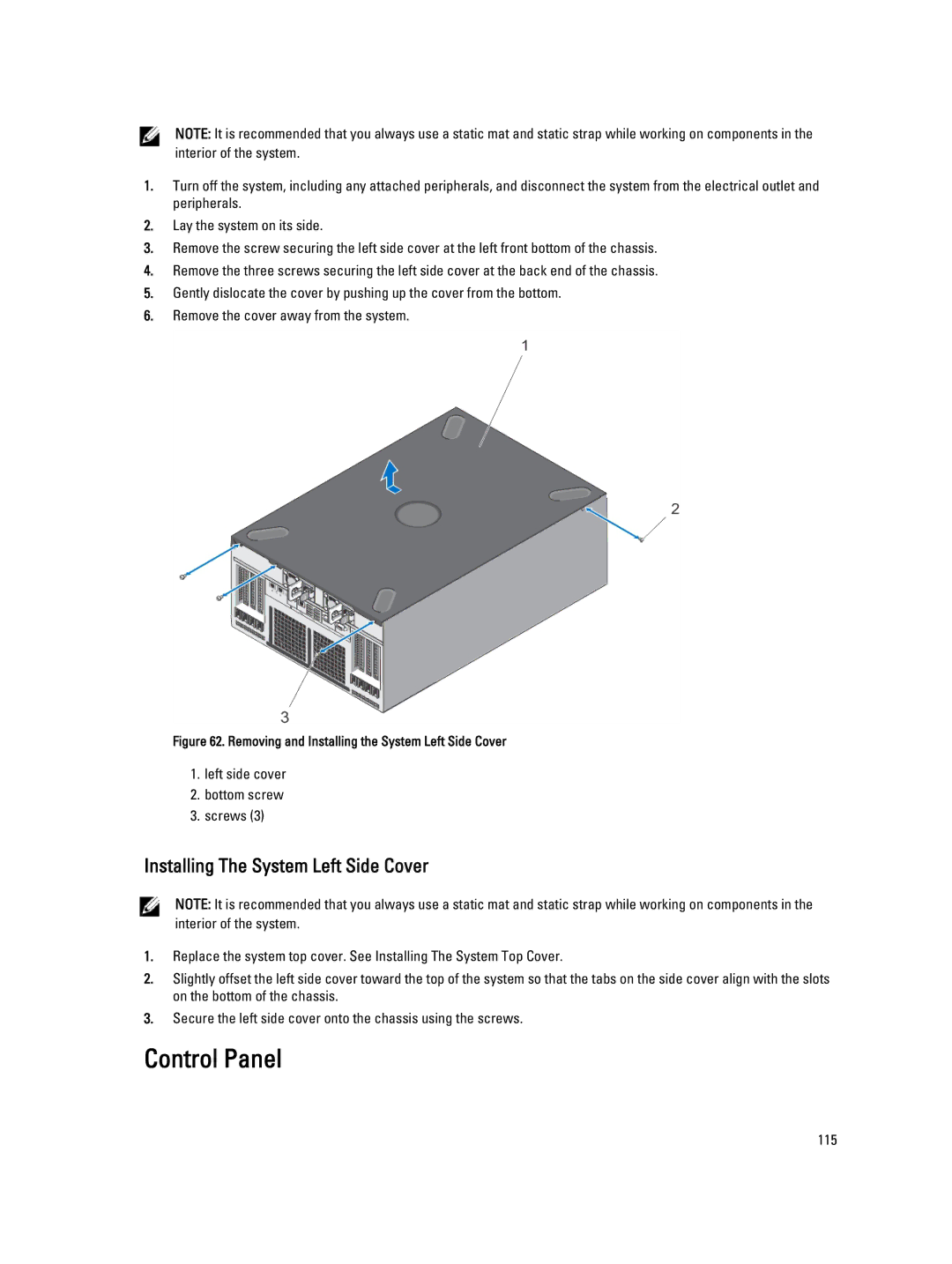 Dell T620 owner manual Control Panel, Installing The System Left Side Cover 