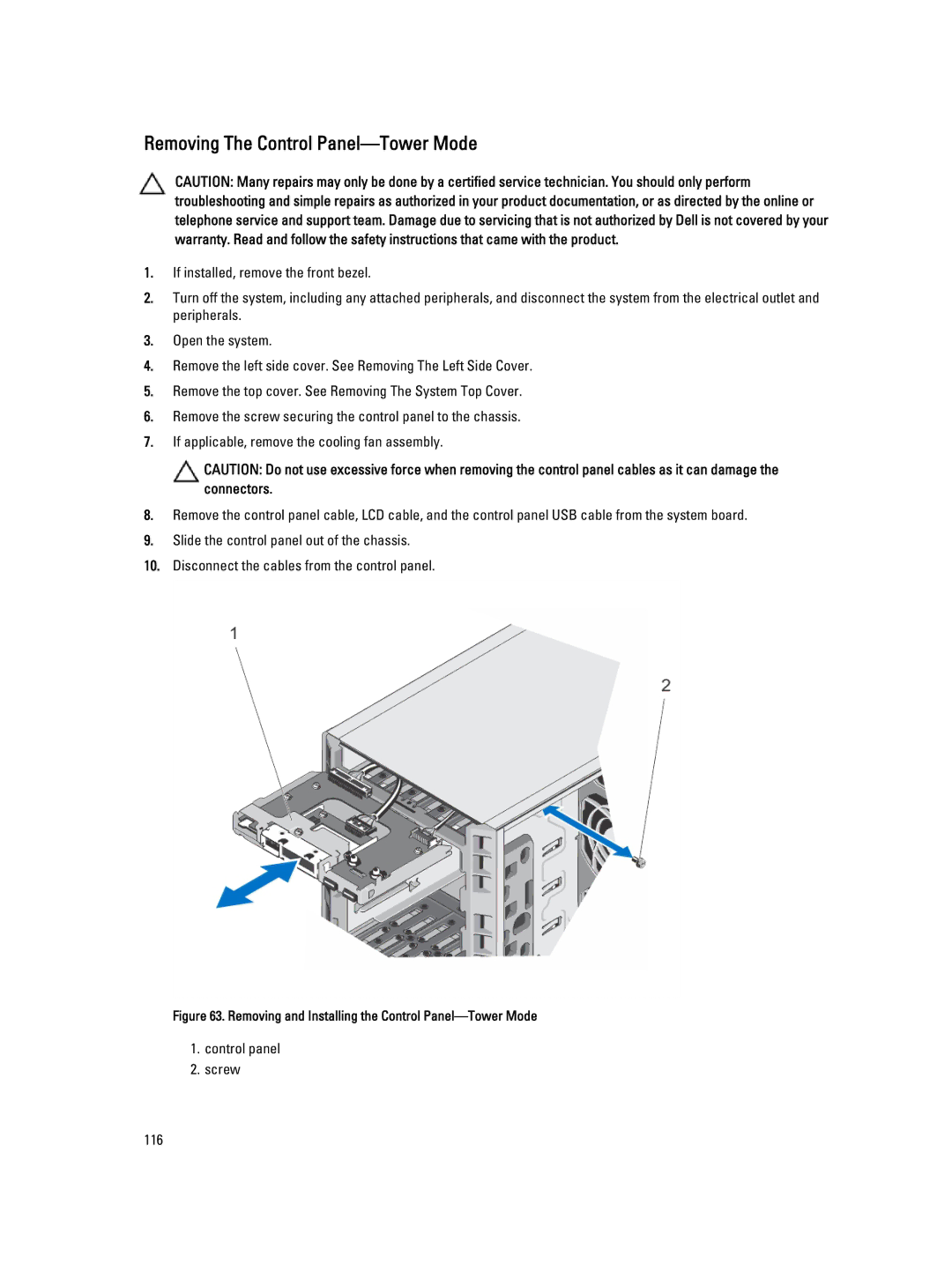 Dell T620 owner manual Removing The Control Panel-Tower Mode, Removing and Installing the Control Panel-Tower Mode 