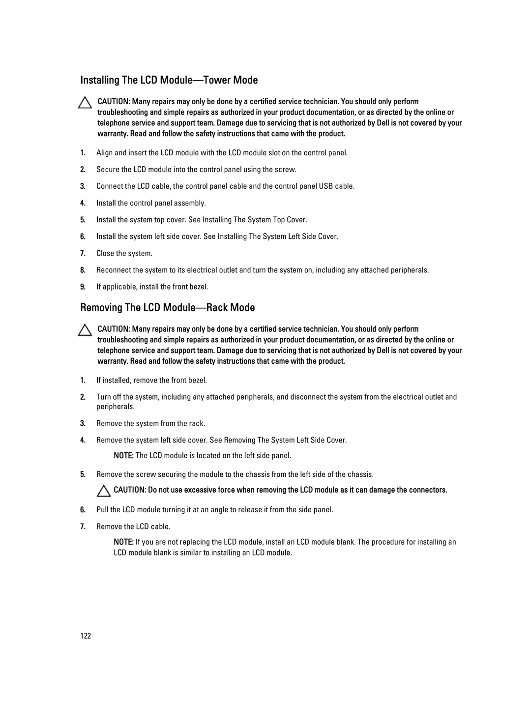 Dell T620 owner manual Installing The LCD Module-Tower Mode, Removing The LCD Module-Rack Mode 