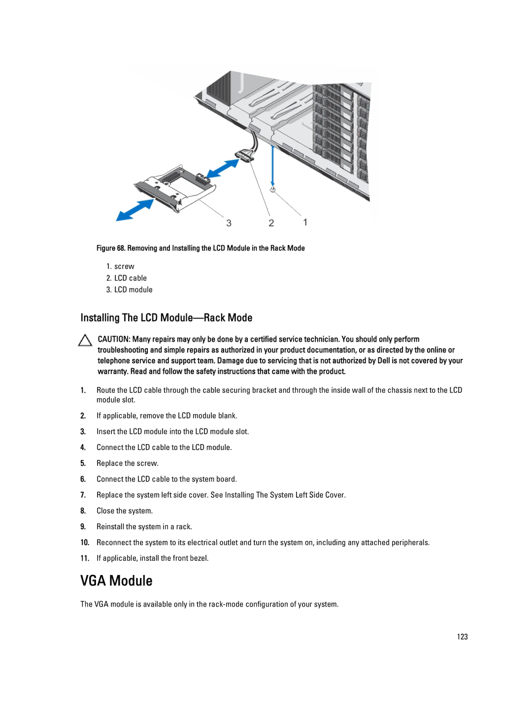 Dell T620 owner manual VGA Module, Installing The LCD Module-Rack Mode 