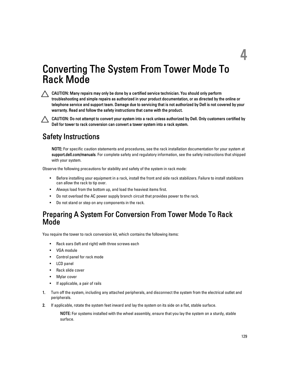 Dell T620 owner manual Converting The System From Tower Mode To Rack Mode, Safety Instructions 