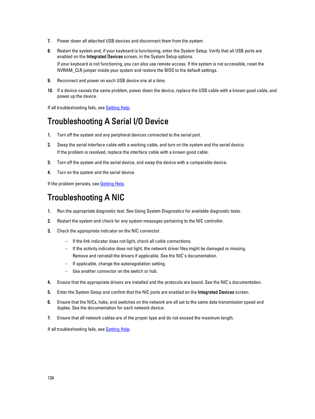 Dell T620 owner manual Troubleshooting a Serial I/O Device, Troubleshooting a NIC 