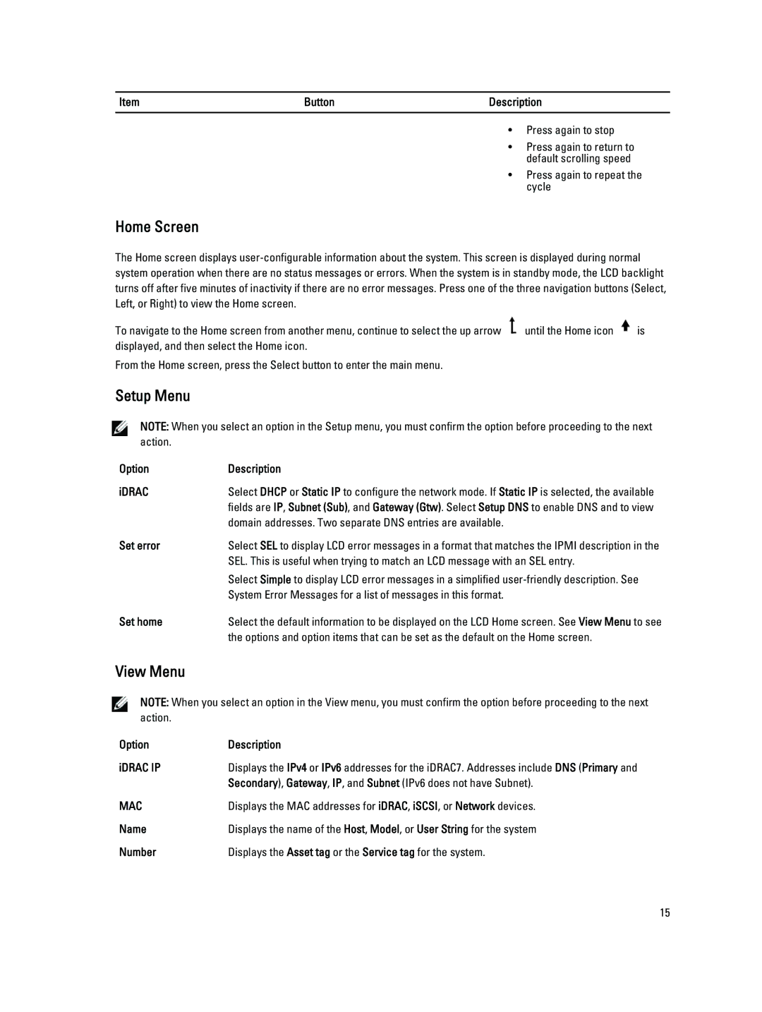 Dell T620 owner manual Home Screen, Setup Menu, View Menu 