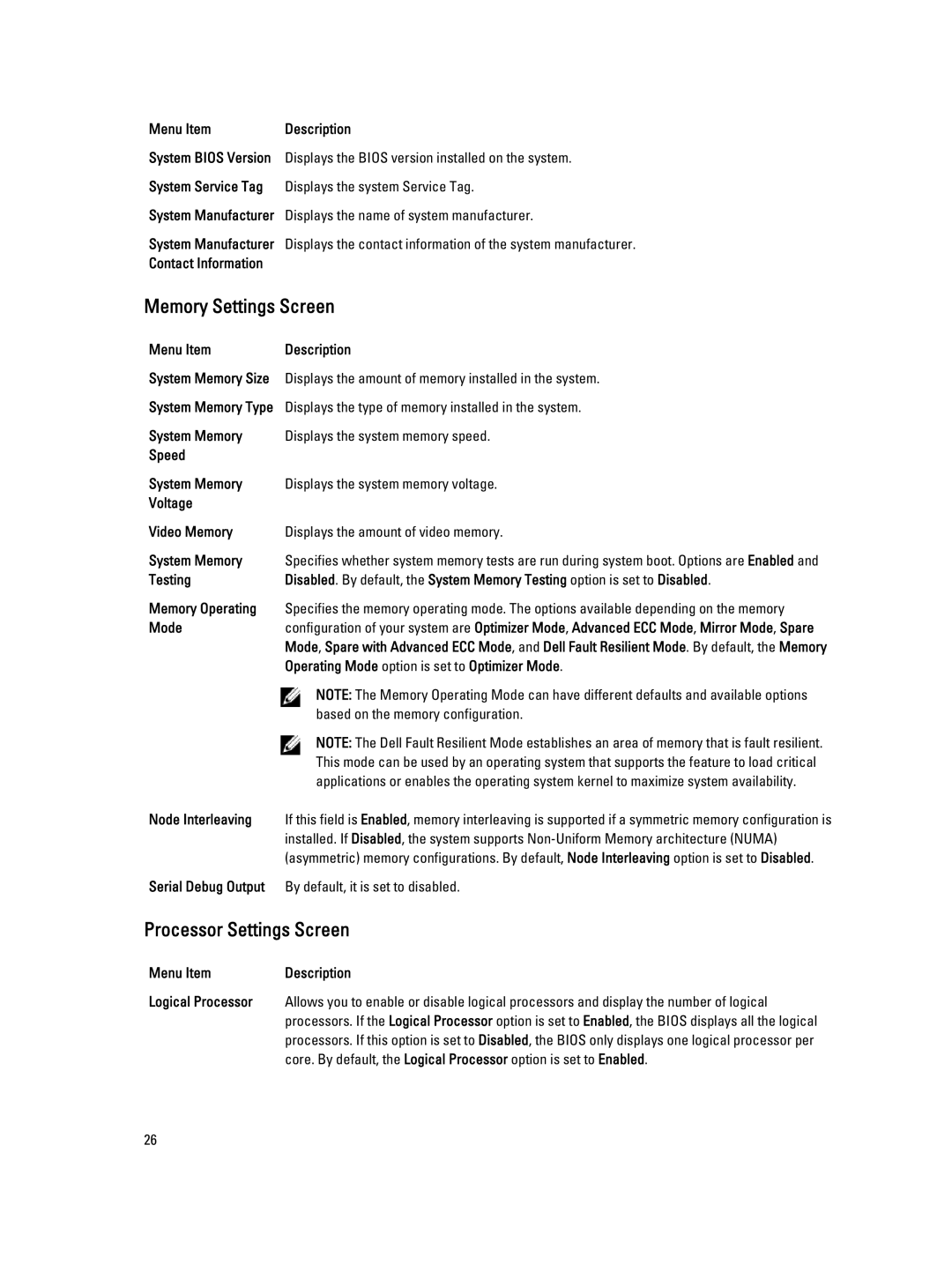 Dell T620 owner manual Memory Settings Screen, Processor Settings Screen 