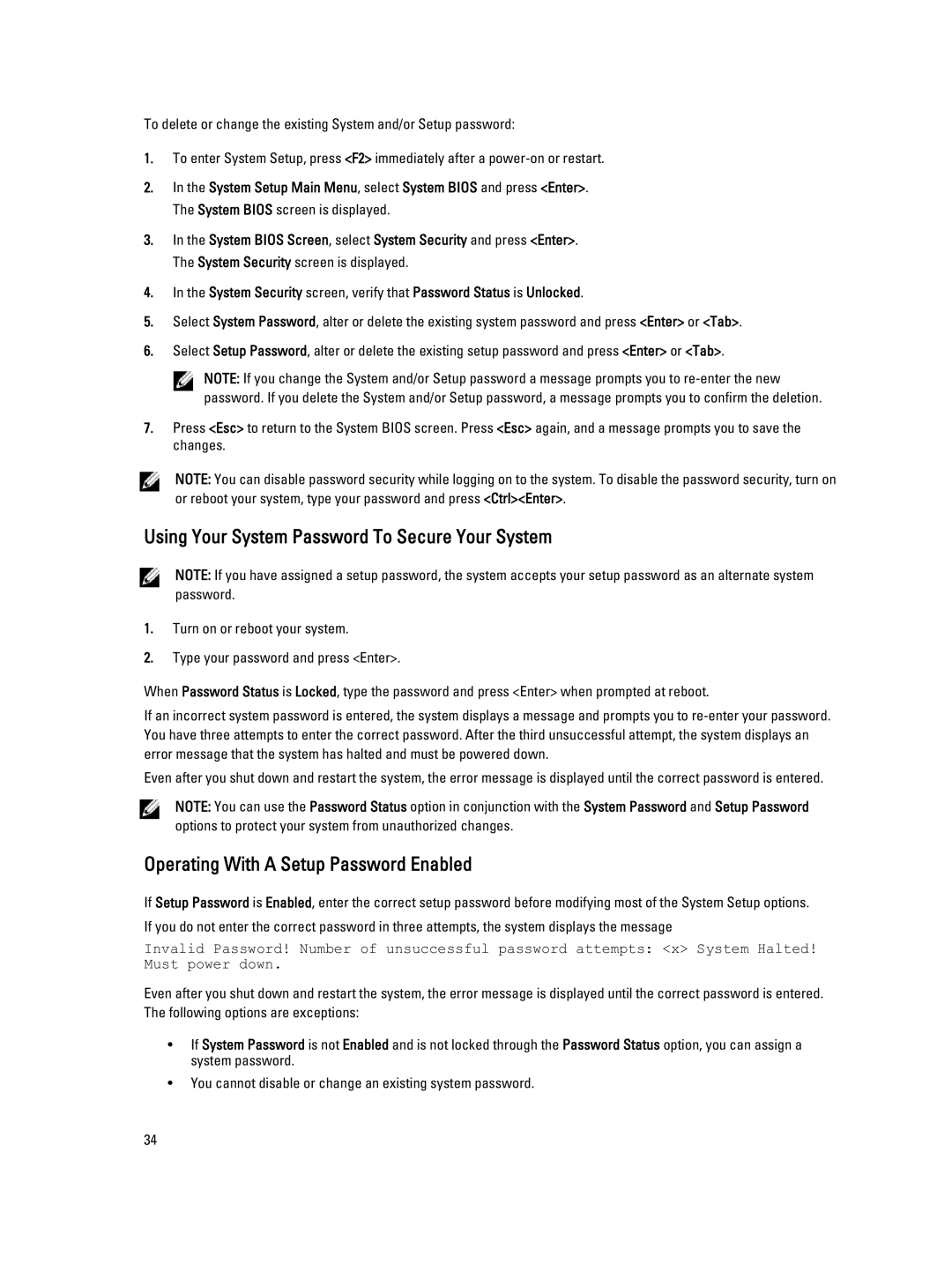 Dell T620 owner manual Using Your System Password To Secure Your System, Operating With a Setup Password Enabled 