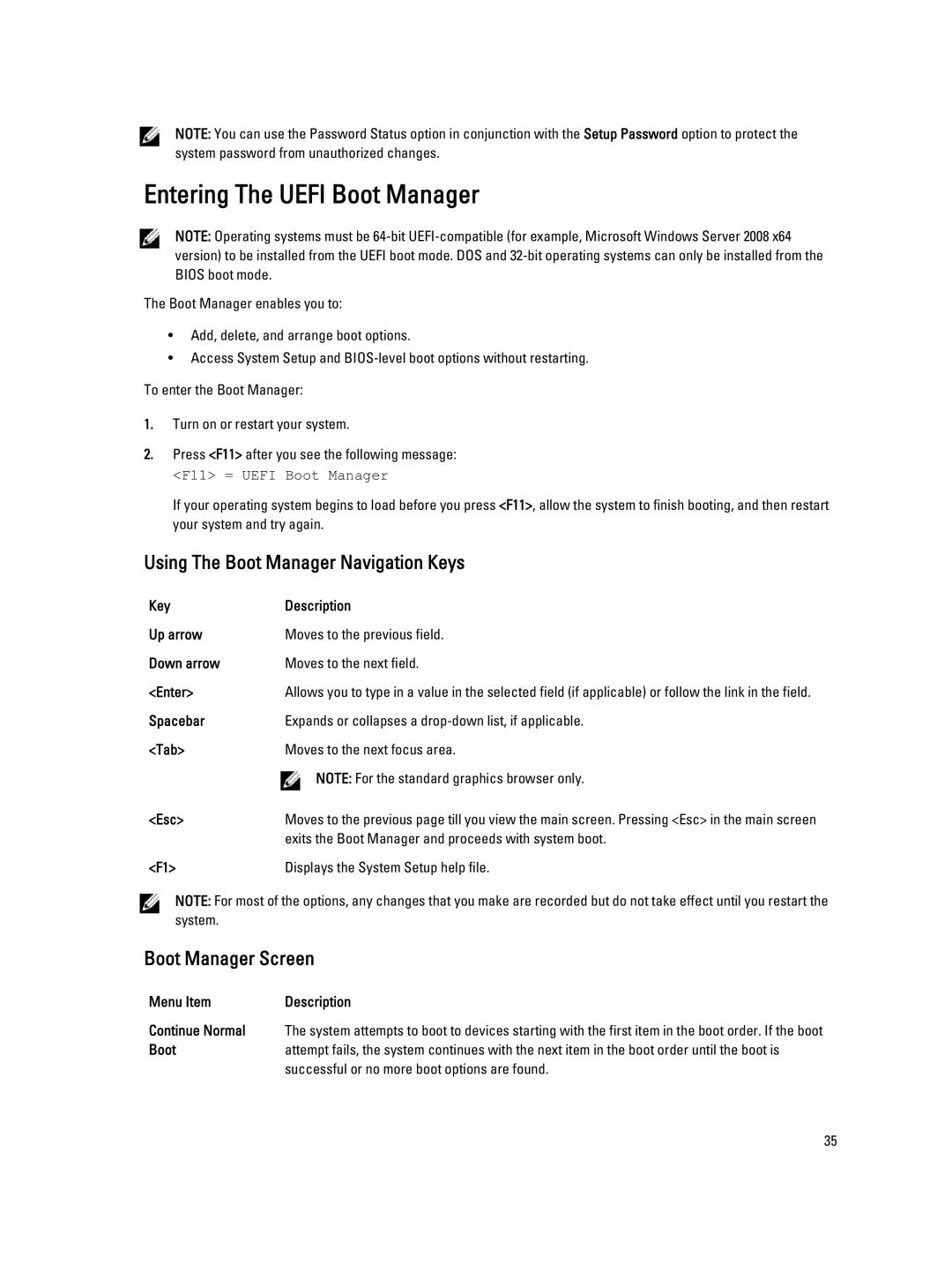 Dell T620 owner manual Entering The Uefi Boot Manager, Using The Boot Manager Navigation Keys, Boot Manager Screen 