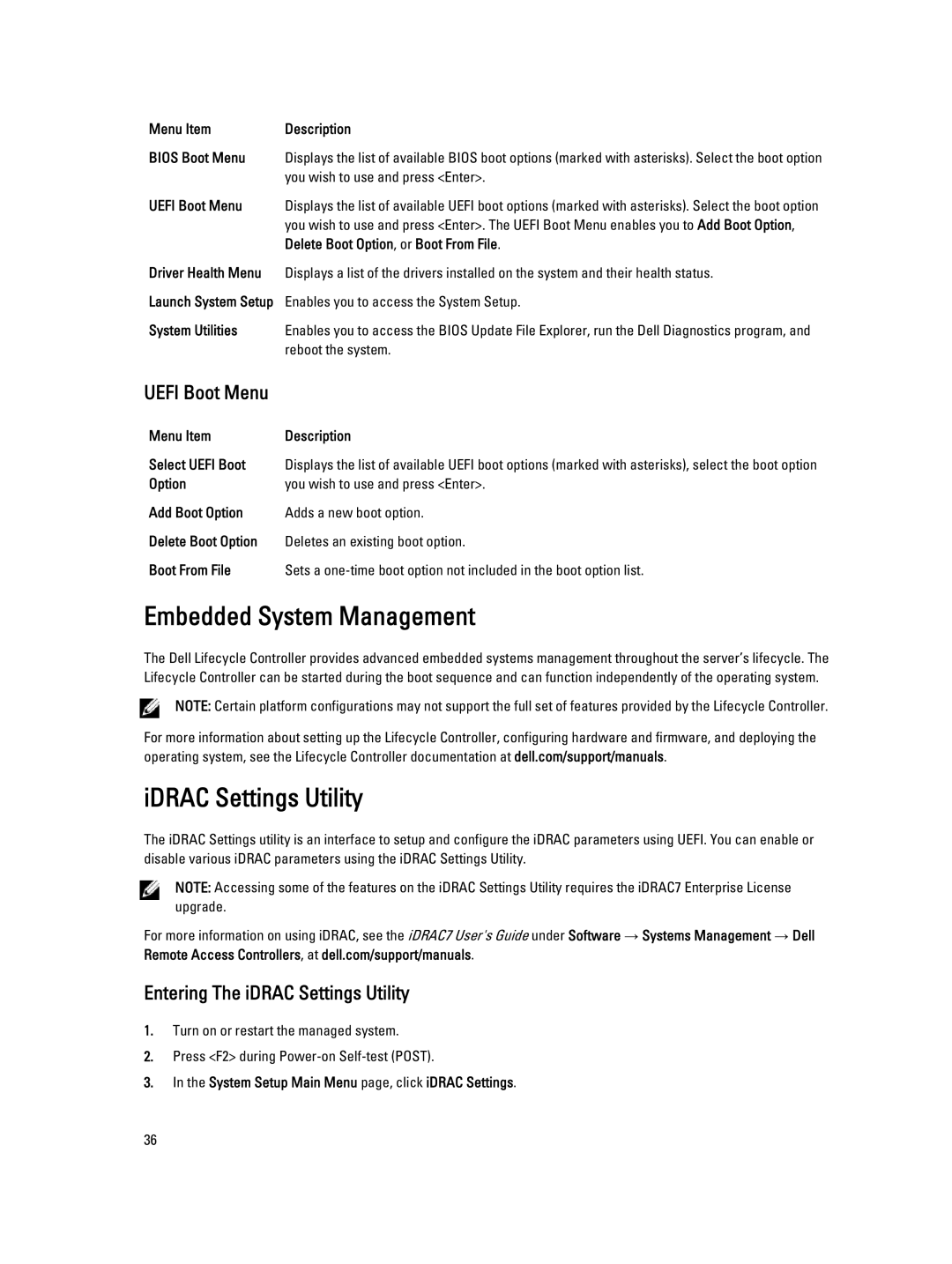 Dell T620 owner manual Embedded System Management, IDRAC Settings Utility, Entering The iDRAC Settings Utility 