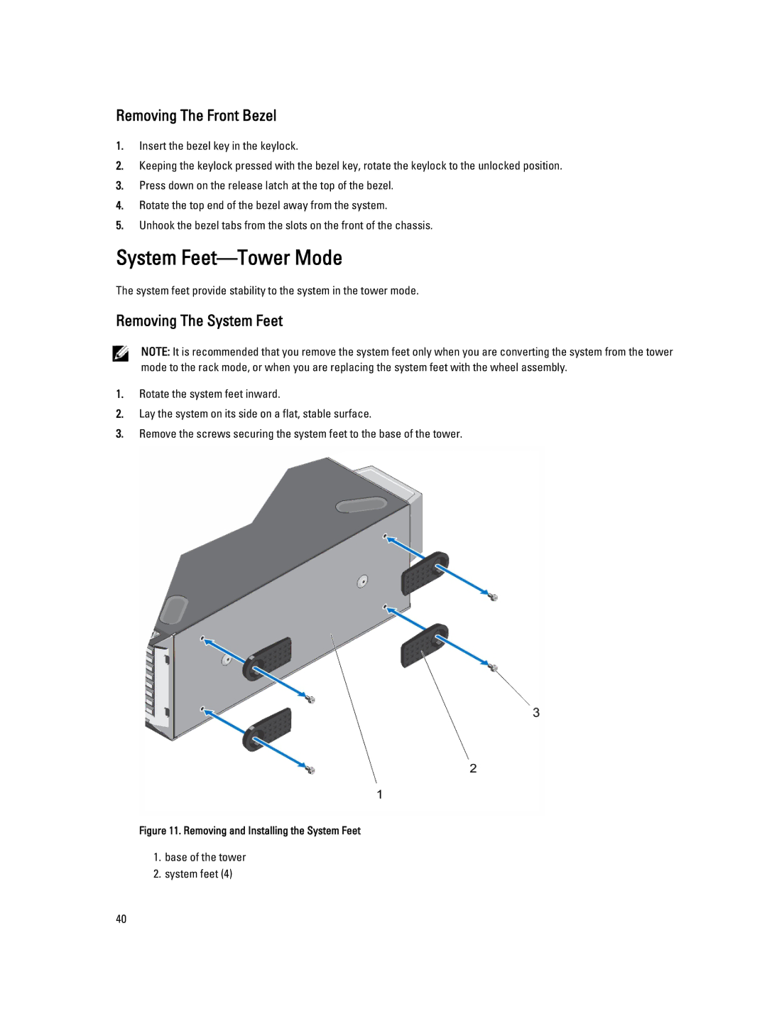 Dell T620 owner manual System Feet-Tower Mode, Removing The Front Bezel, Removing The System Feet 