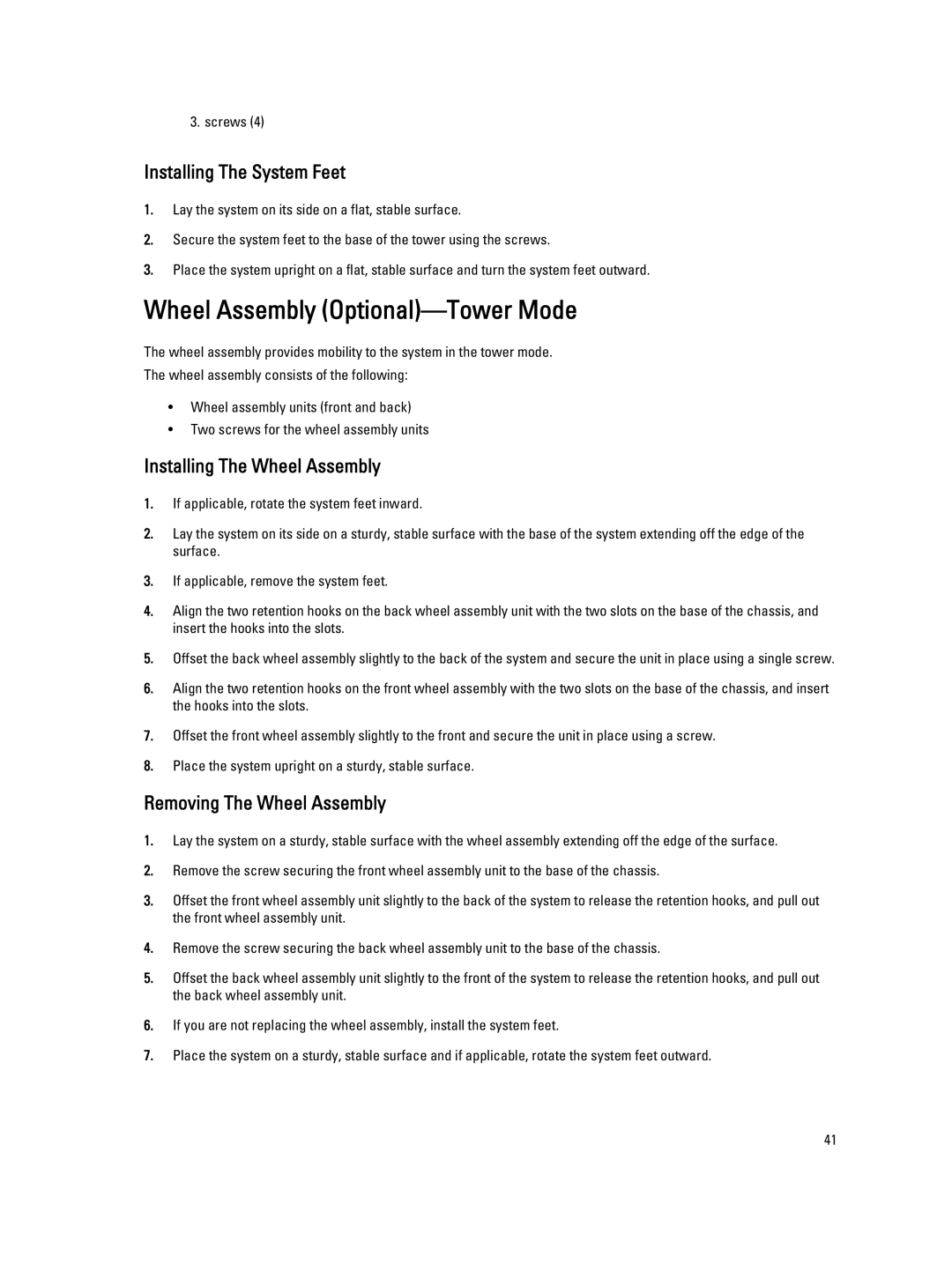 Dell T620 owner manual Wheel Assembly Optional-Tower Mode, Installing The System Feet, Installing The Wheel Assembly 