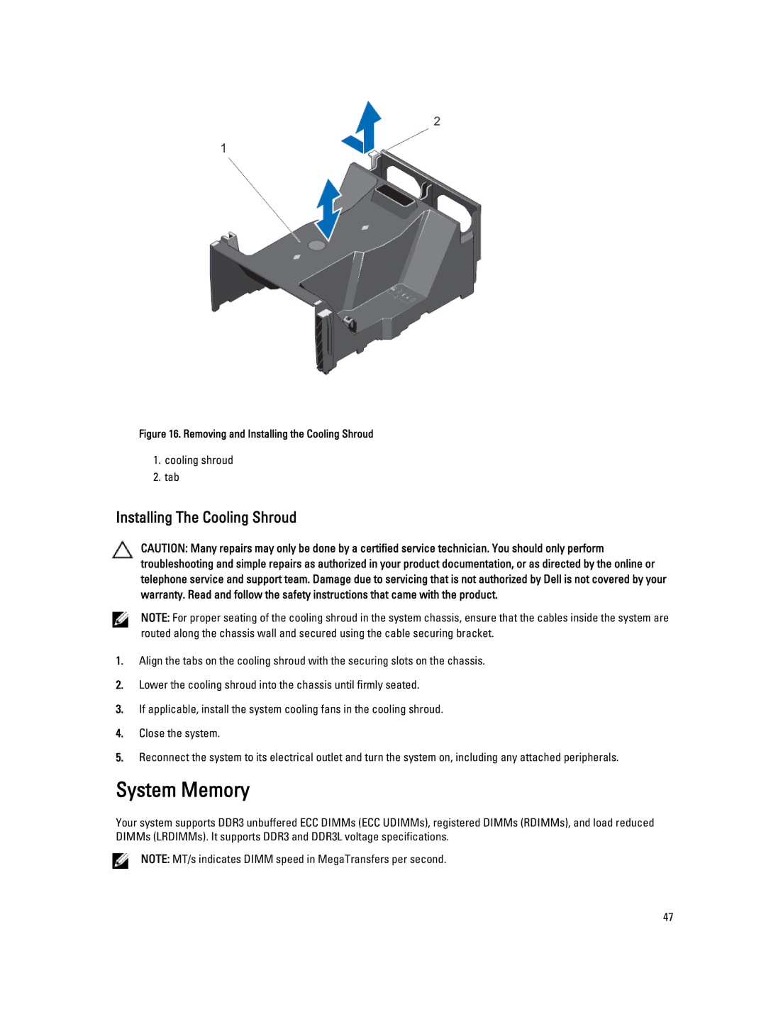 Dell T620 owner manual System Memory, Installing The Cooling Shroud 