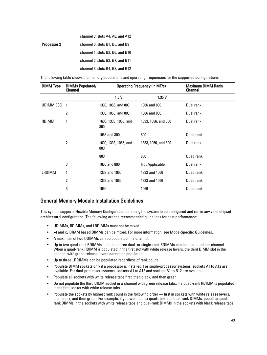 Dell T620 General Memory Module Installation Guidelines, Dimm Type, Operating Frequency in MT/s Maximum Dimm Rank Channel 