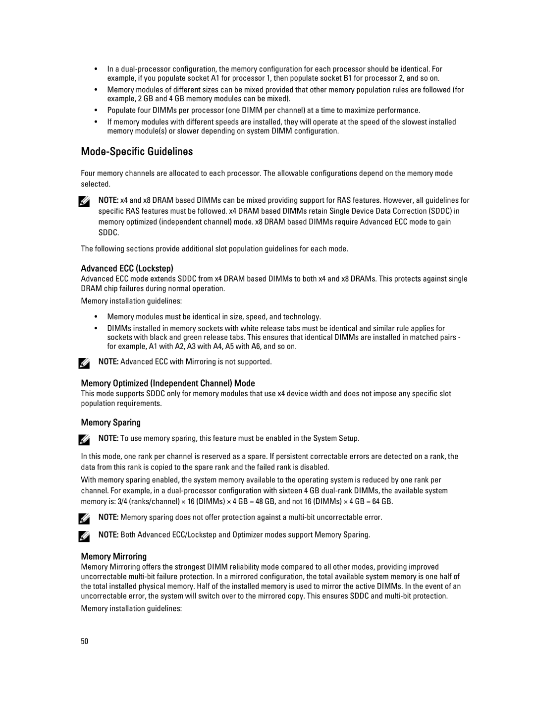 Dell T620 owner manual Mode-Specific Guidelines, Advanced ECC Lockstep 