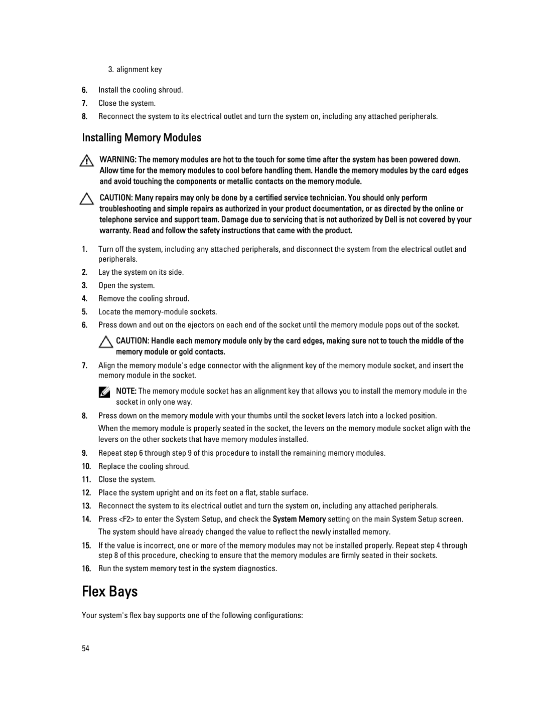 Dell T620 owner manual Flex Bays, Installing Memory Modules 